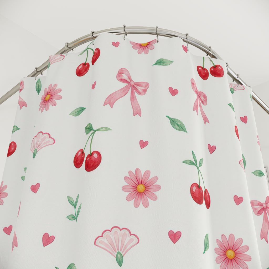 Girly Shower Curtain, Pink Bow Cherry Daisy Pattern