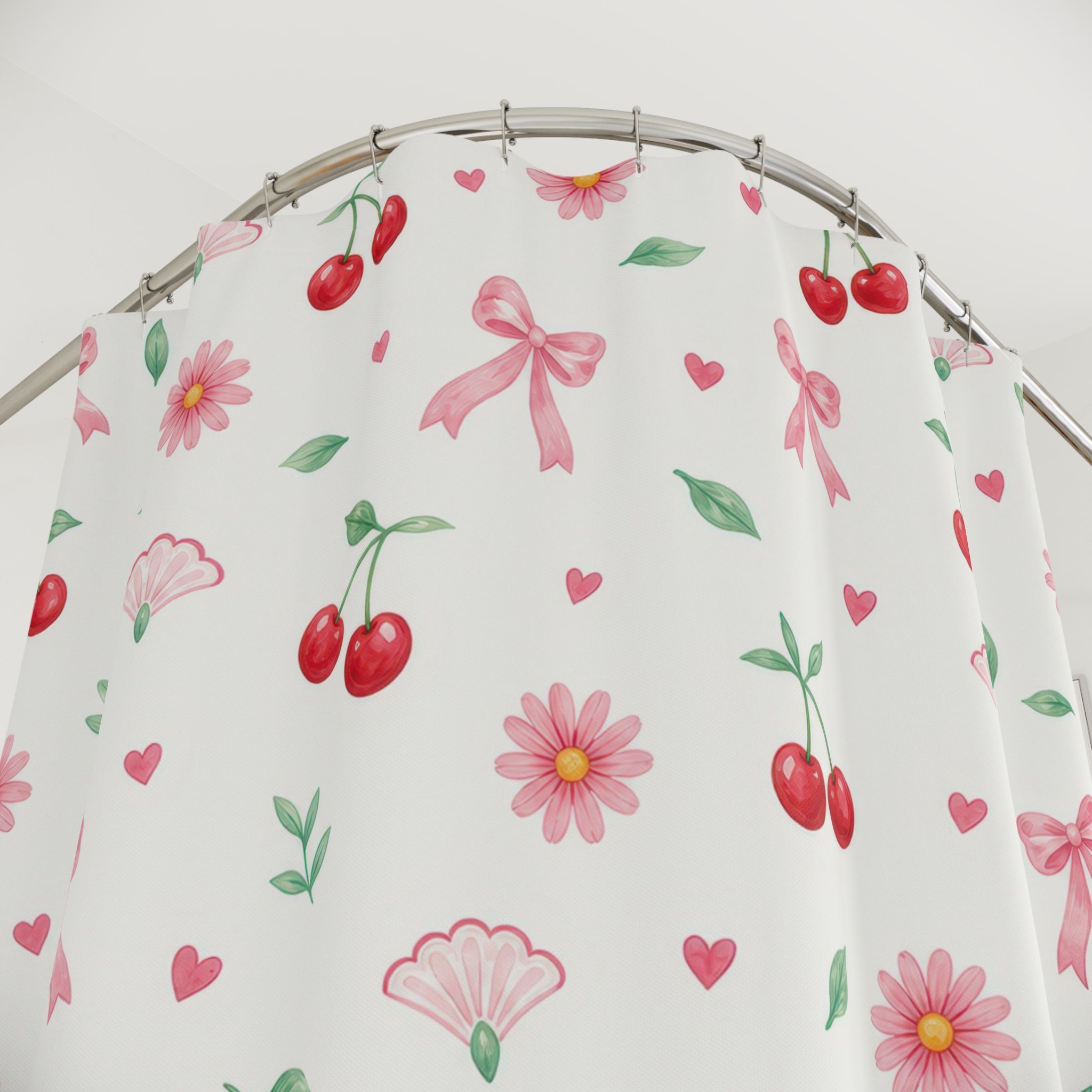 Girly Shower Curtain, Pink Bow Cherry Daisy Pattern