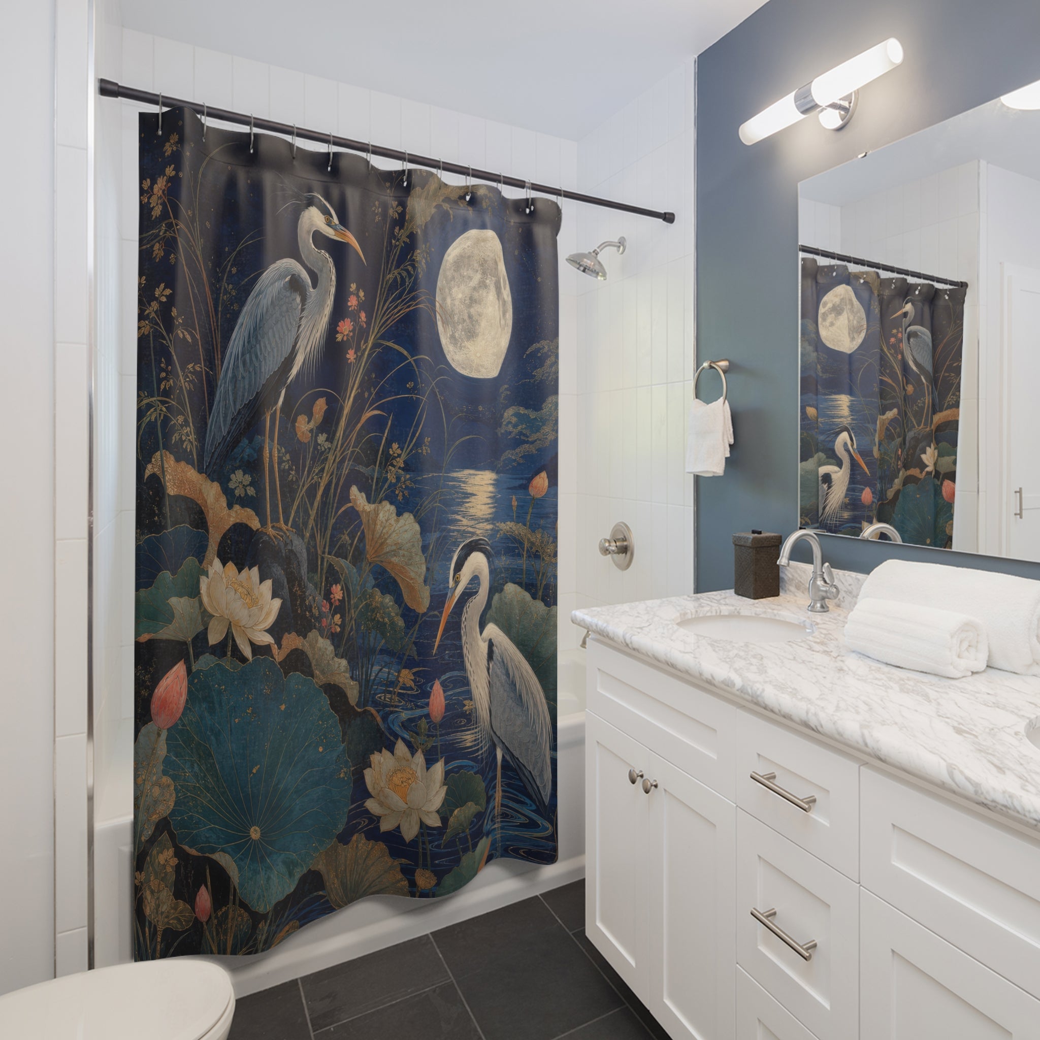 Moonlit Heron Garden Decorative Shower Curtain