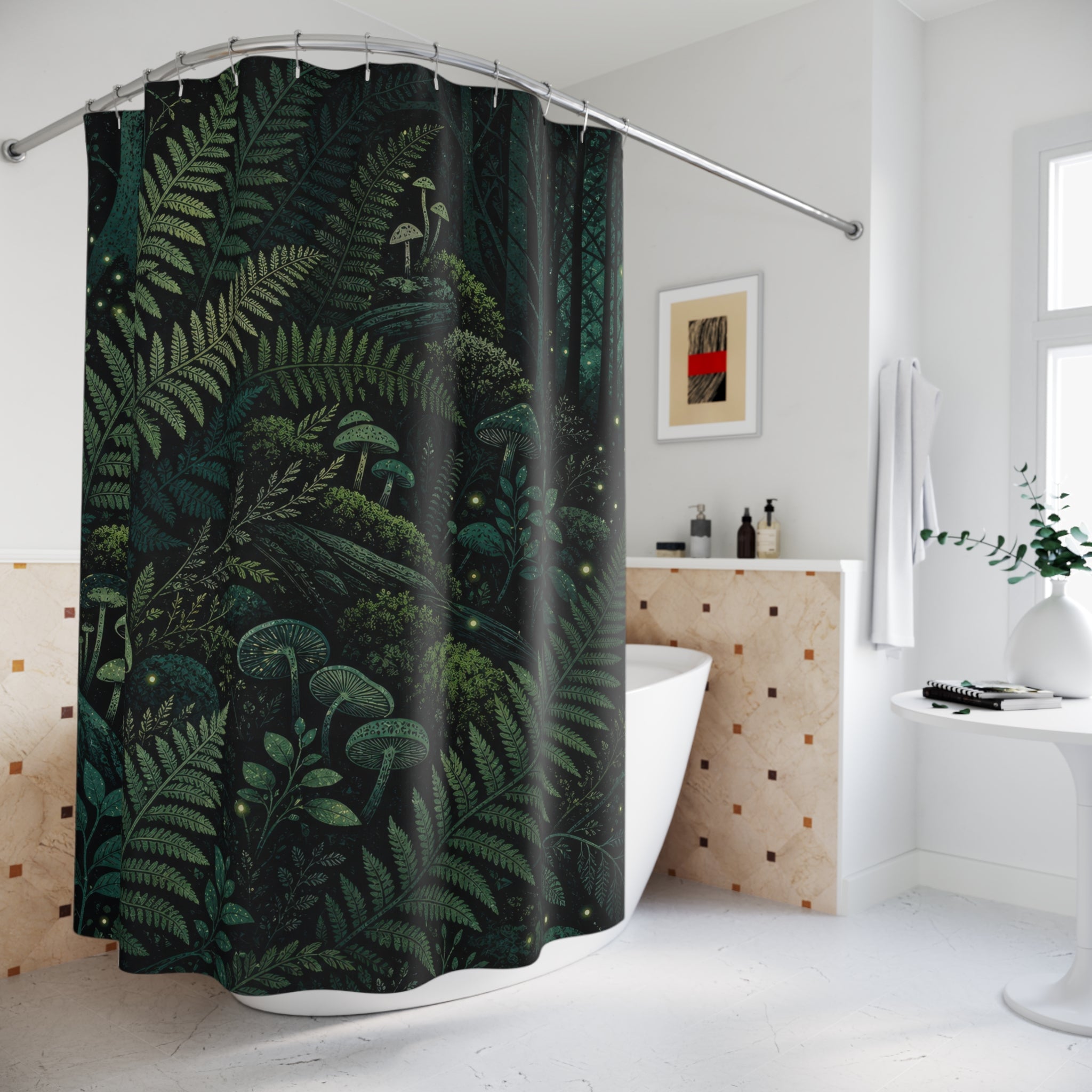 Emerald Fern and Mushroom Forest Shower Curtain