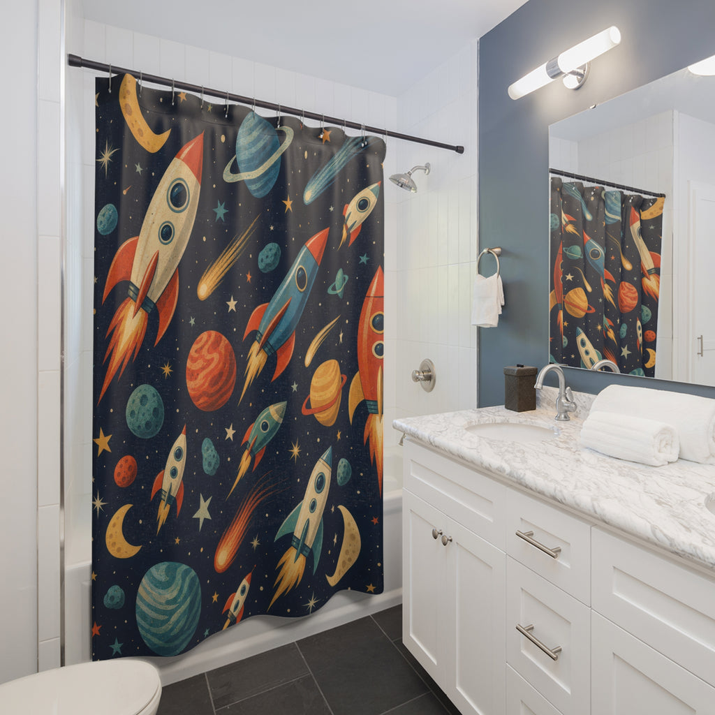 Rocket Ship Shower Curtain, Outer Space Bathroom Decor, Planets and Stars Bath Curtain, Kids Bathroom Art, Boys Space Decor, Space Bath Art