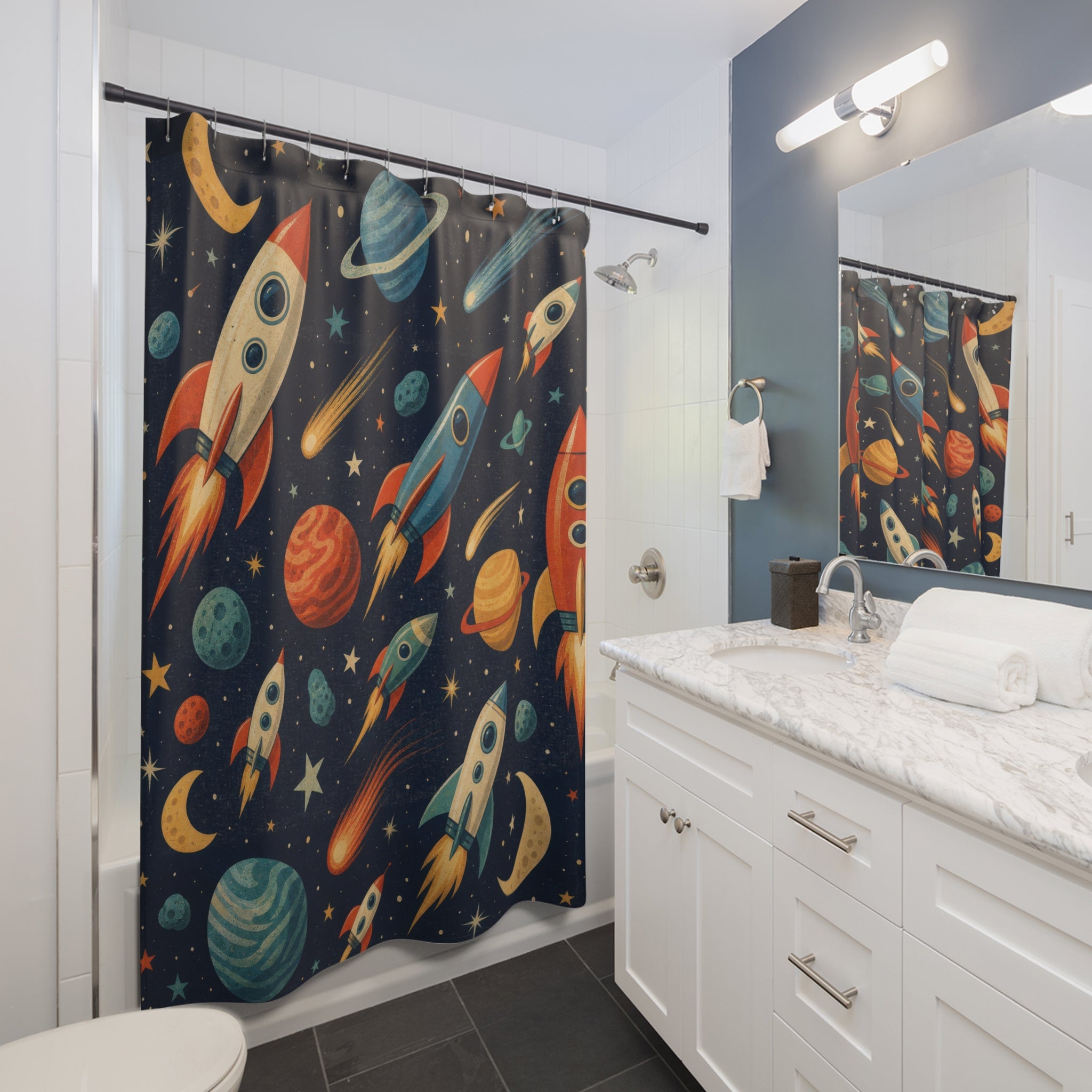 Rocket Ship Shower Curtain, Outer Space Bathroom Decor, Planets and Stars Bath Curtain, Kids Bathroom Art, Boys Space Decor, Space Bath Art