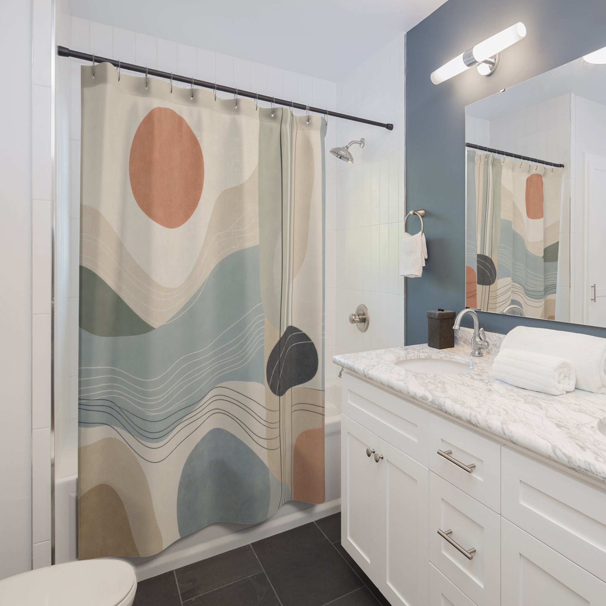 Abstract Landscape Shower Curtain, Blue Watercolor Waves and Terracotta Sun, Modern Coastal Bathroom Decor, Calm Spa Bath Style, Soft Art