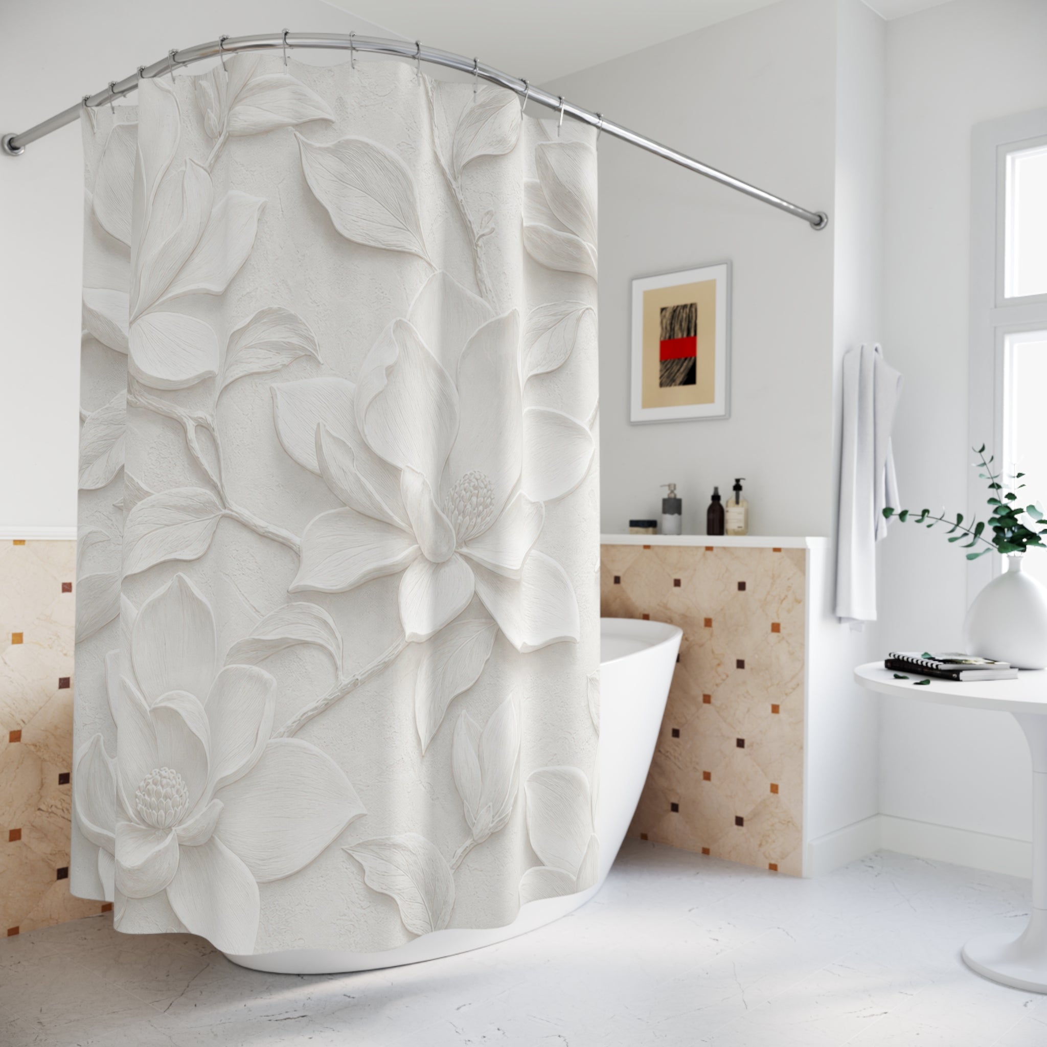 White Magnolia Relief Shower Curtain