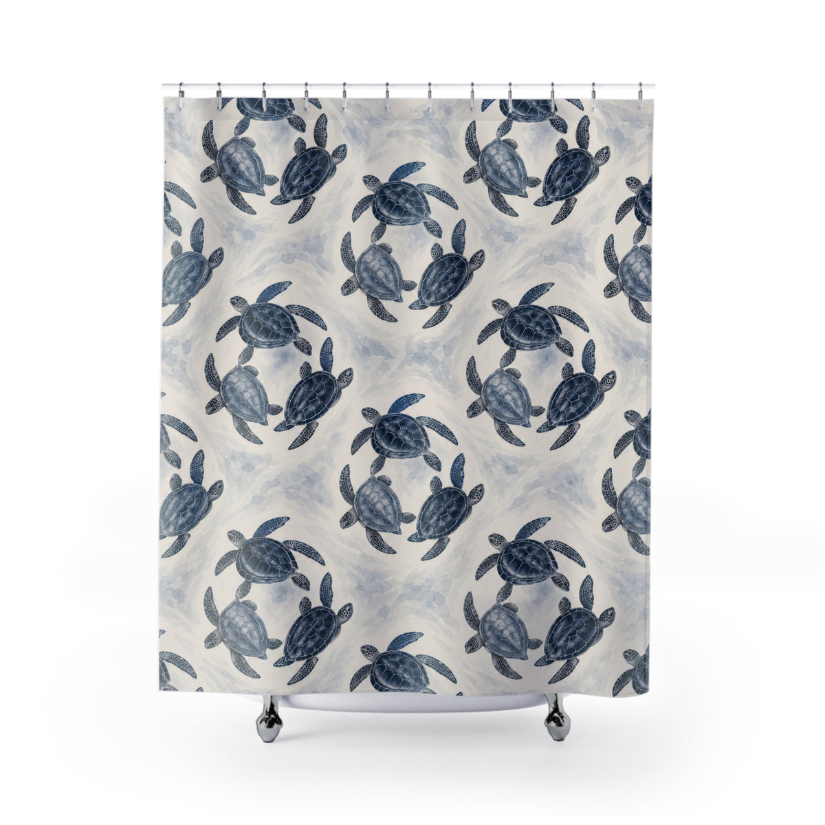Navy and slate-blue sea turtle trios shower curtain with full front view