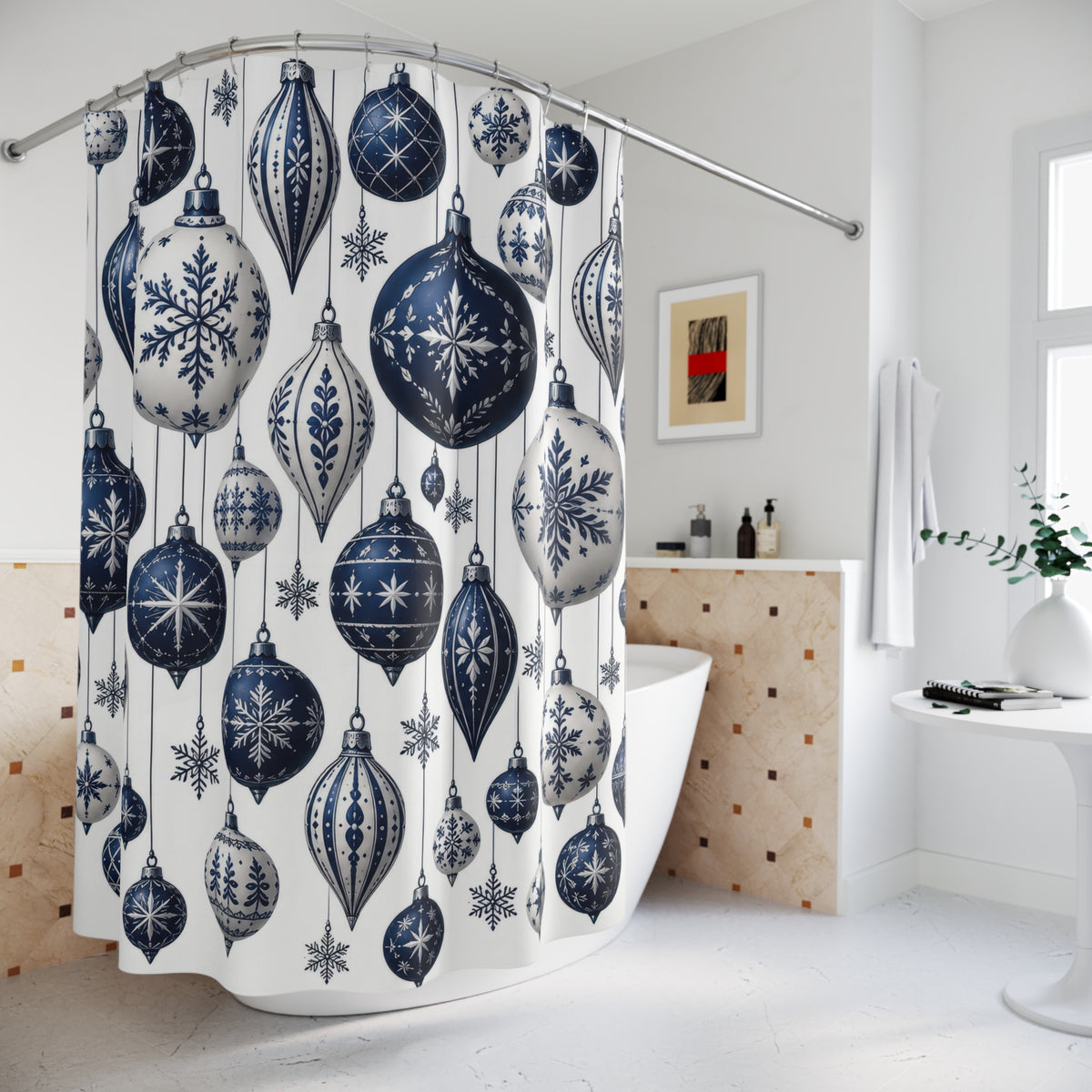 Navy and white hanging baubles with snowflakes and stars shower curtain beside a freestanding tub