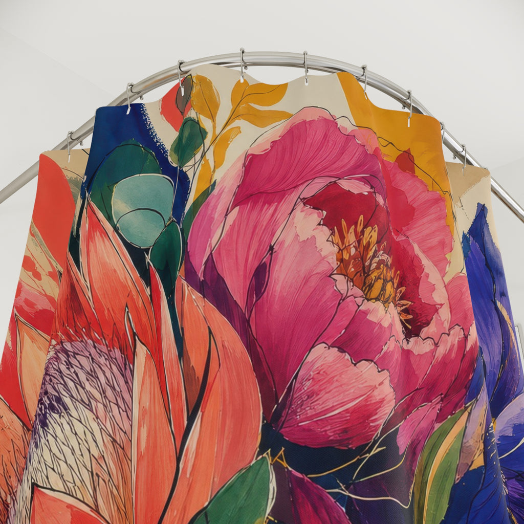 Artistic Flower Shower Curtain, Gestural Protea Peony Dahlia Painting