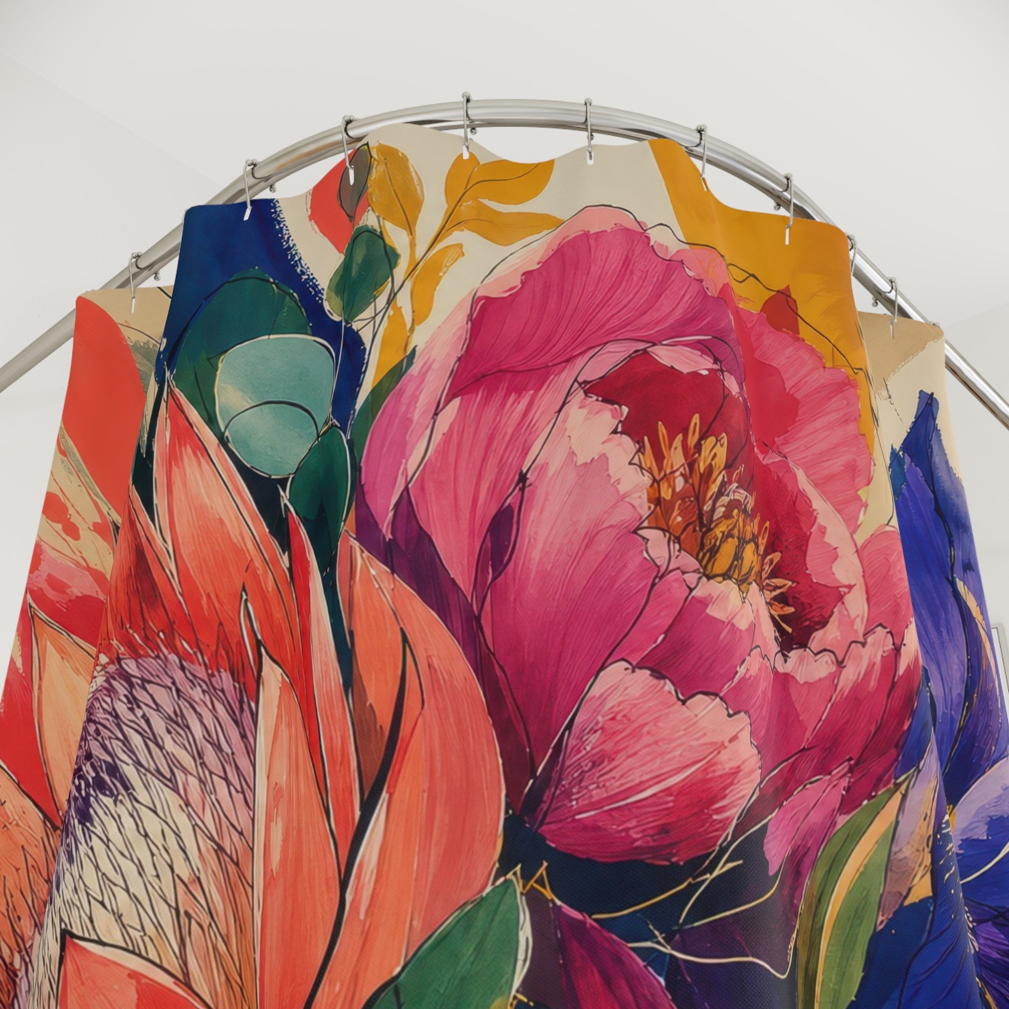 Artistic Flower Shower Curtain, Gestural Protea Peony Dahlia Painting