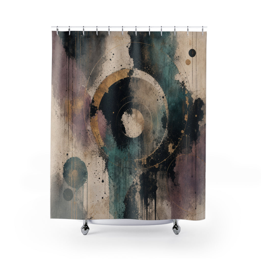 Abstract Shower Curtain, Black Teal Circle Design, Purple Gold Modern Bath Decor, Moody Geometric Guest Bathroom Style, Dark Decor