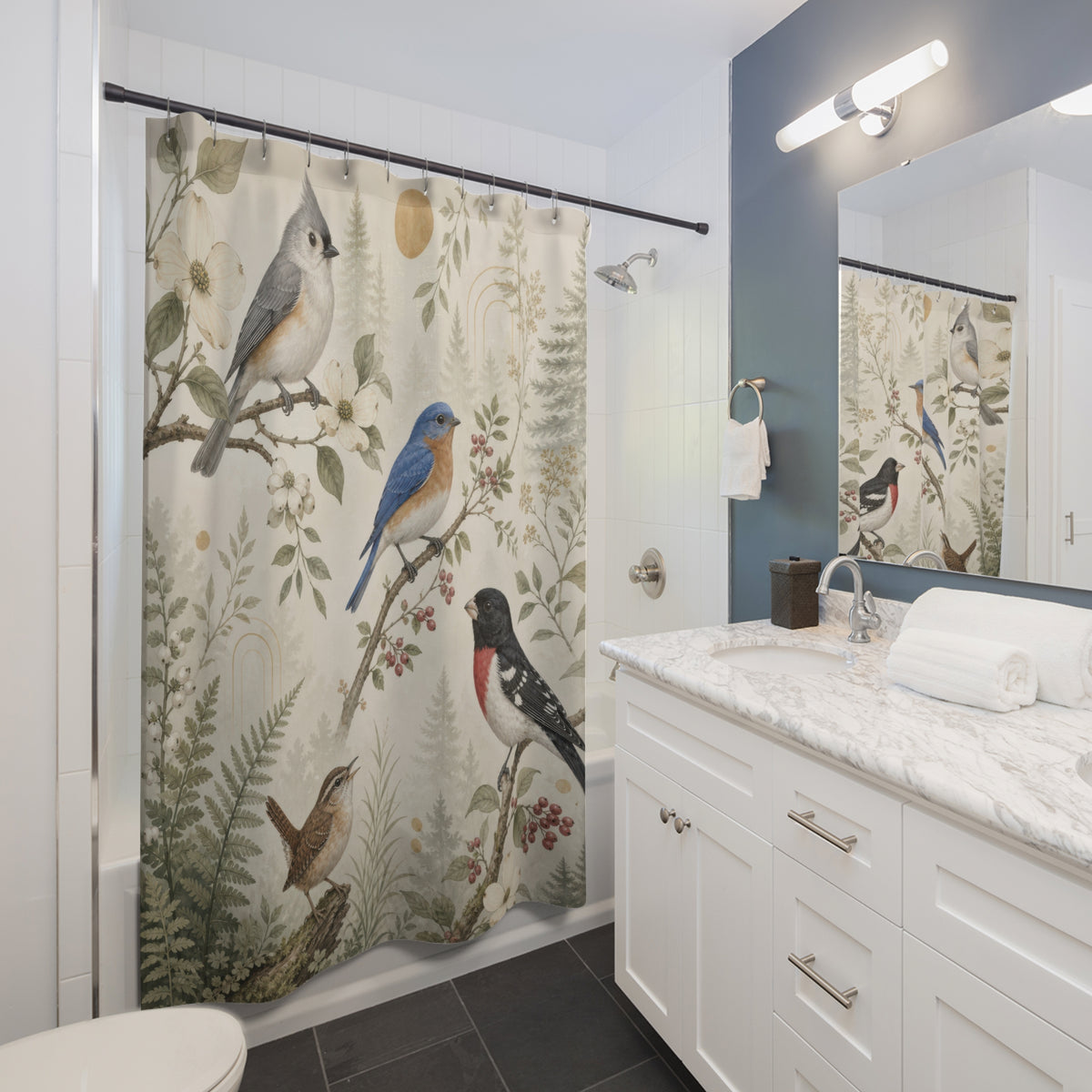 Titmouse bluebird grosbeak and wren among sage botanicals shower curtain beside a white vanity