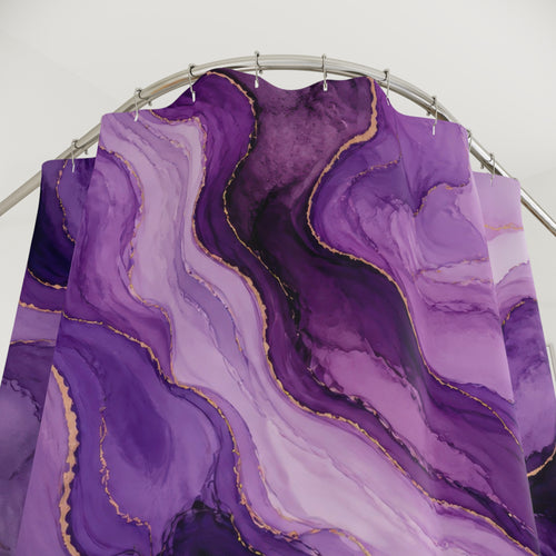 Amethyst Mineral River shower curtain with close-up print, hooks, and folds