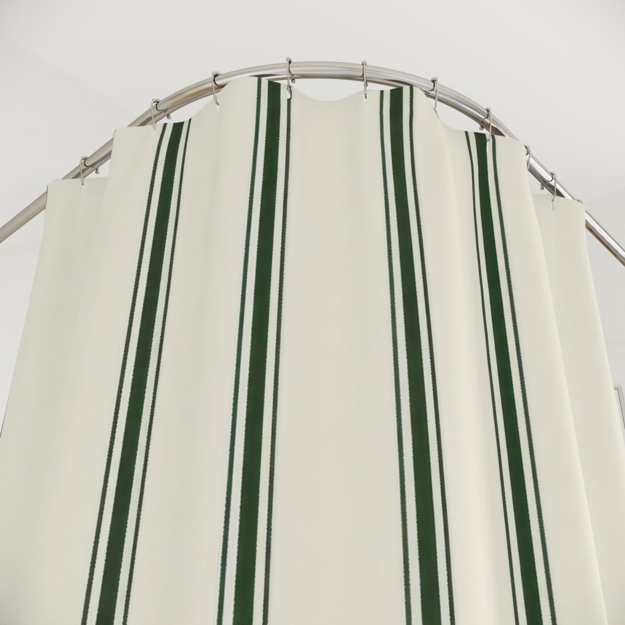 Green Striped Shower Curtain, Forest Pinstripe Bath Decor, Cream White Pattern, Modern Farmhouse Guest Bathroom Style, Classic Green Style