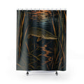 Northern pike among dark reeds and copper reflections shower curtain with full front view