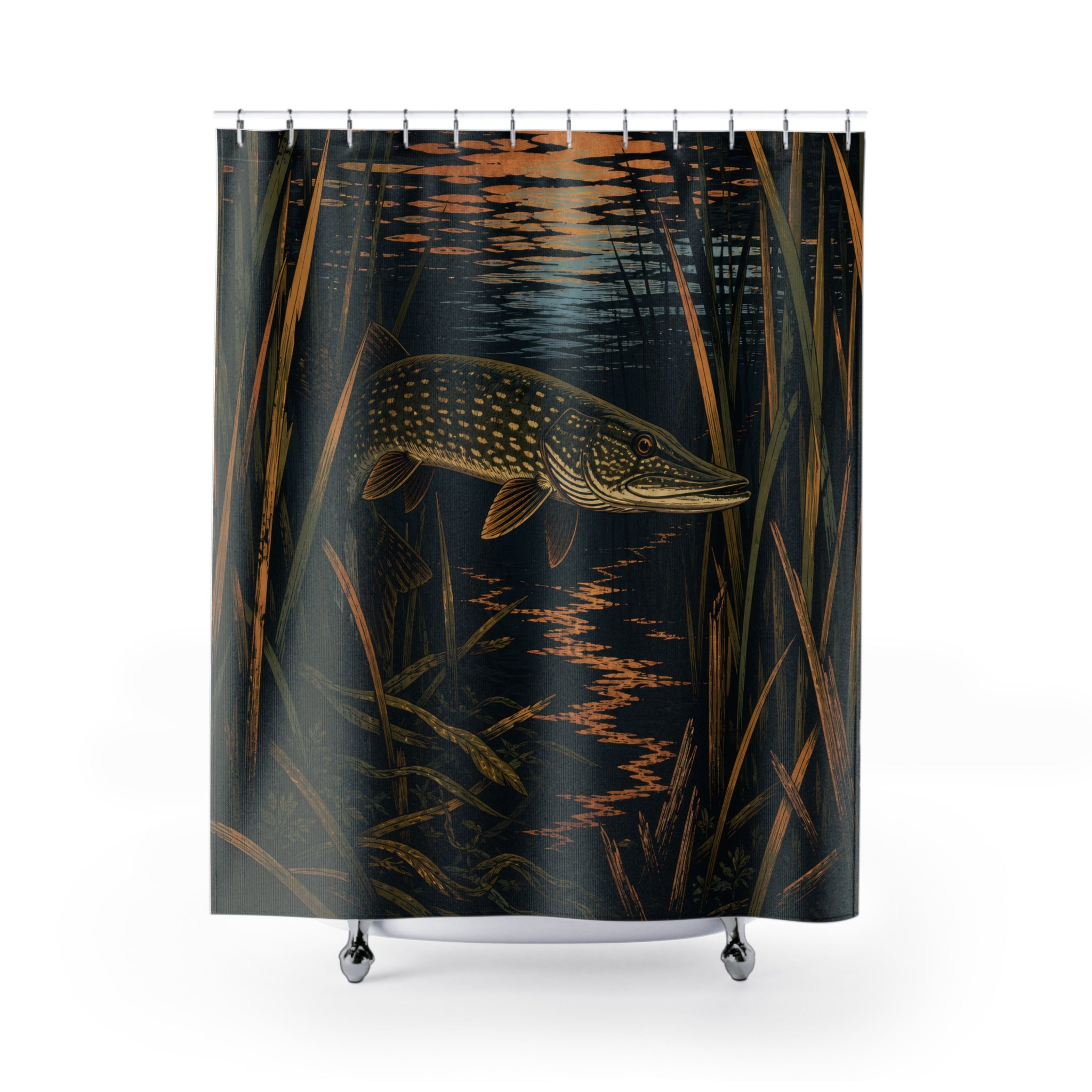 Northern pike among dark reeds and copper reflections shower curtain with full front view