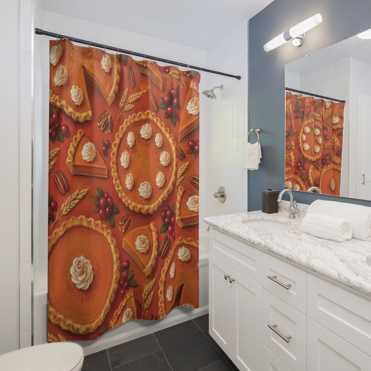 Orange pumpkin pies with cream, cranberries and pecans shower curtain beside a white vanity