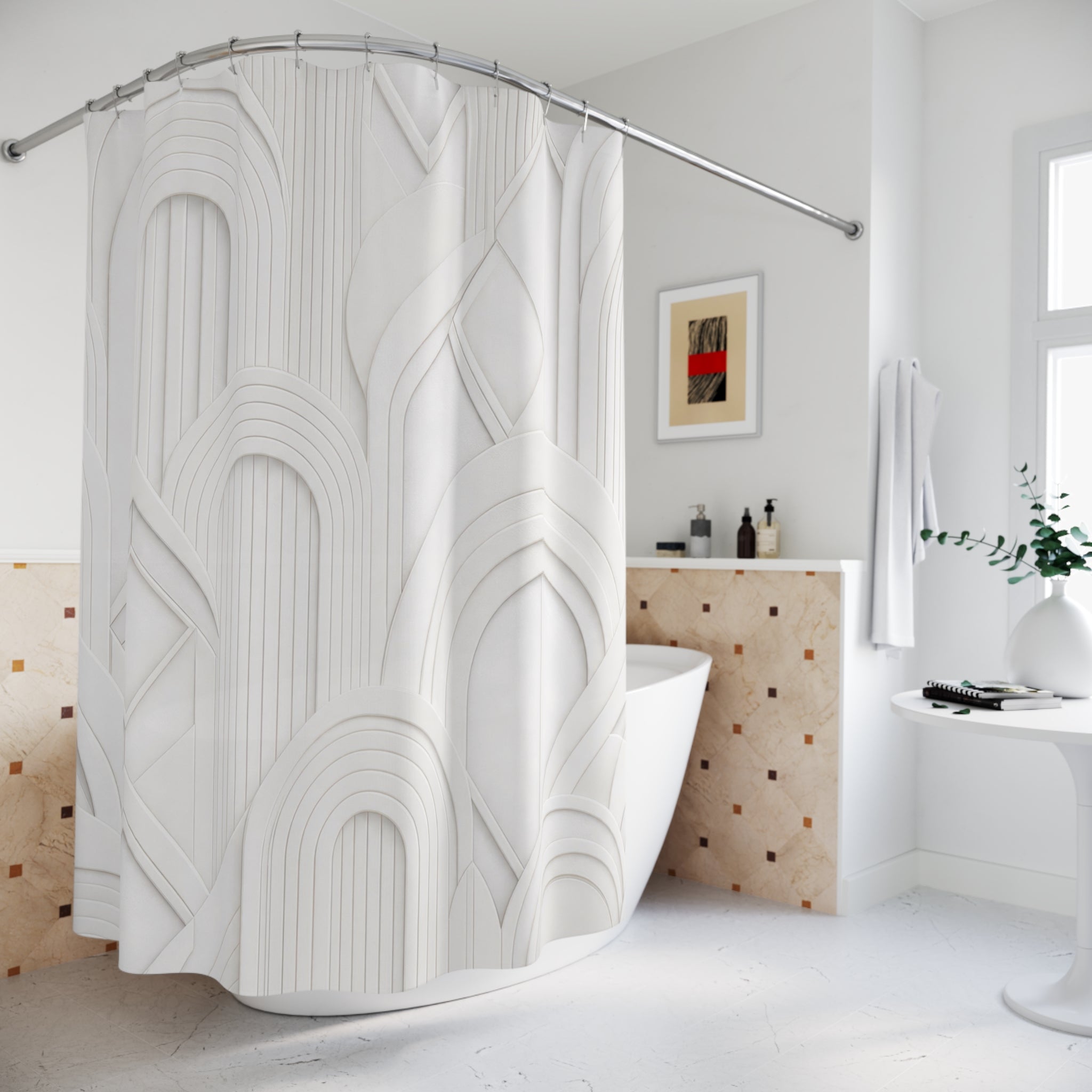 White Geometric Shower Curtain: Minimalist Deco Arch Pattern
