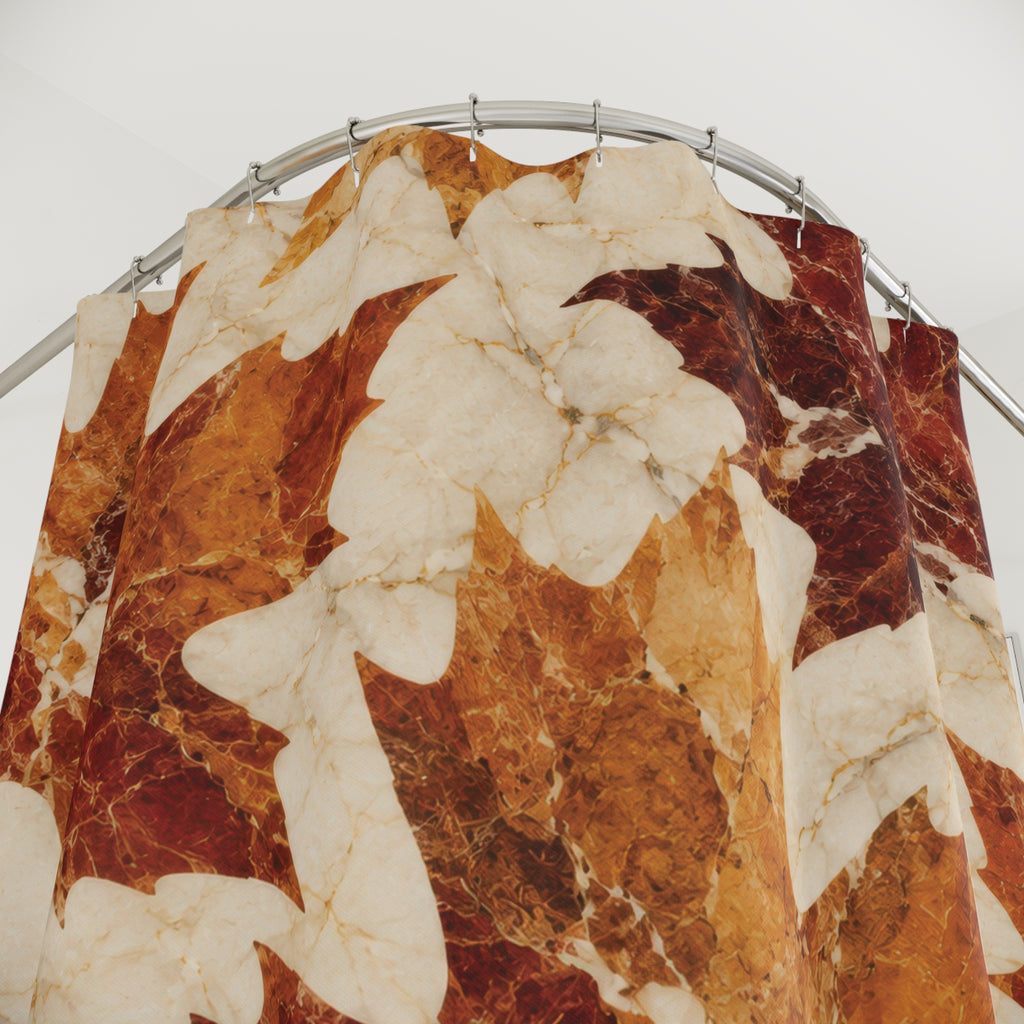 Rust and burgundy marble maple leaves on ivory shower curtain with close-up print, hooks, and folds