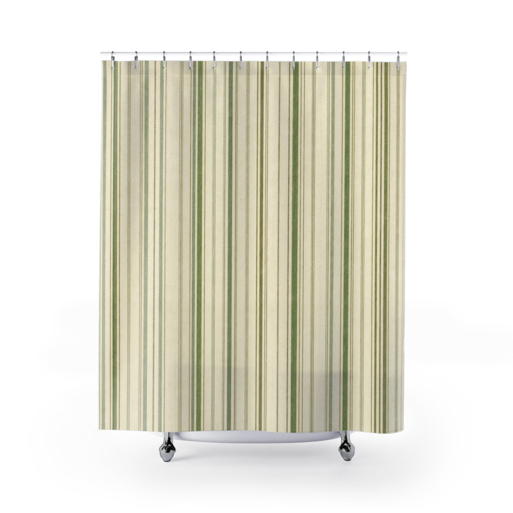 Sage Green Beige Ticking Stripe Shower Curtain