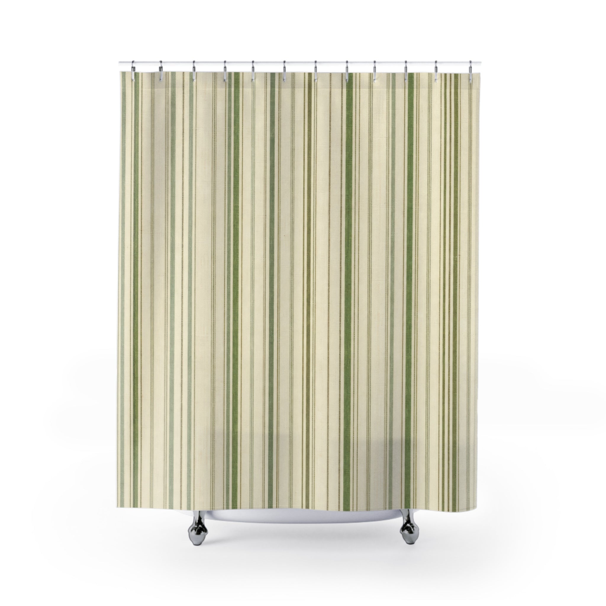Sage Green Beige Ticking Stripe Shower Curtain