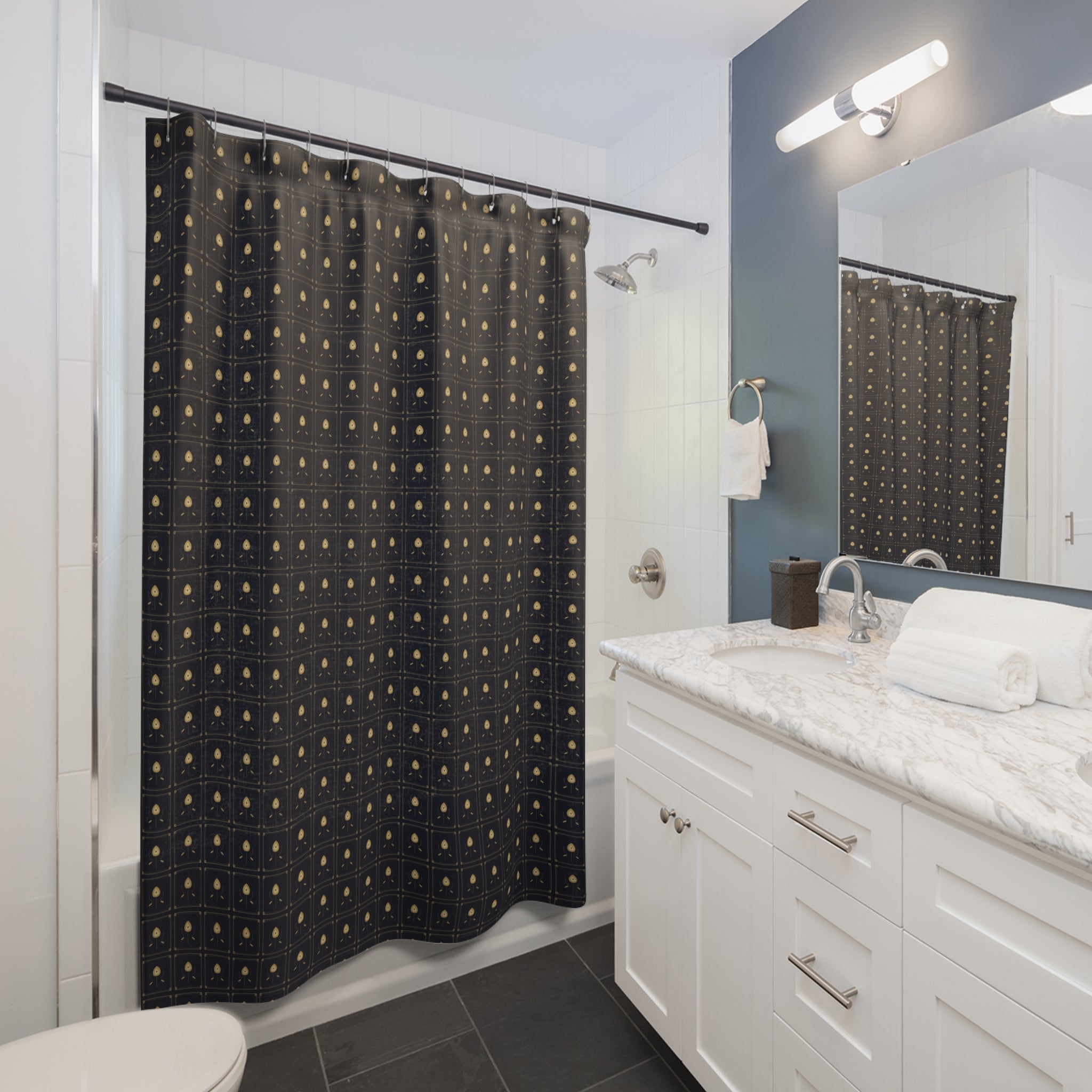Art Nouveau Lily Tile Shower Curtain – Navy & Gold