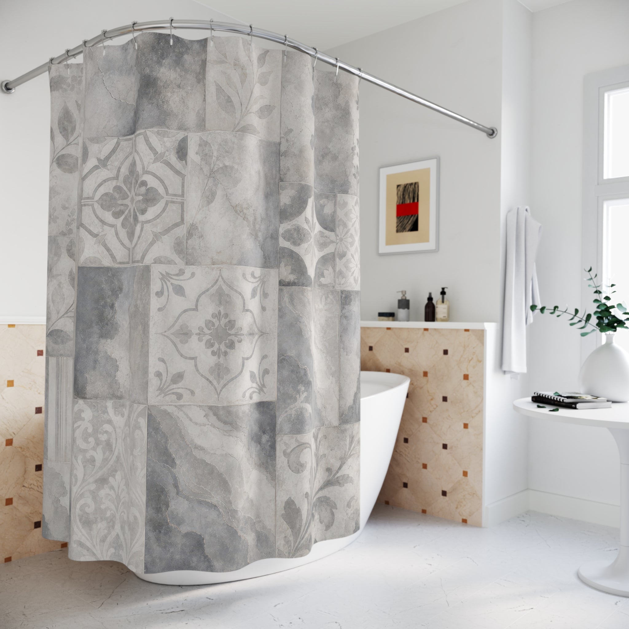 Tile Shower Curtain, Gray Geometric Bath Decor, Patchwork Marble Botanical Pattern, Neutral Guest Bathroom Decor, Classic Tile Style