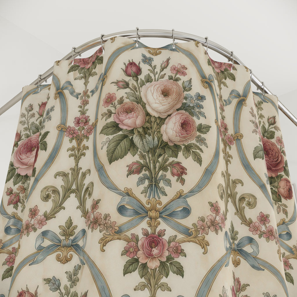 Pink roses in blue ribbon cartouches on warm cream shower curtain with close-up print, hooks, and folds