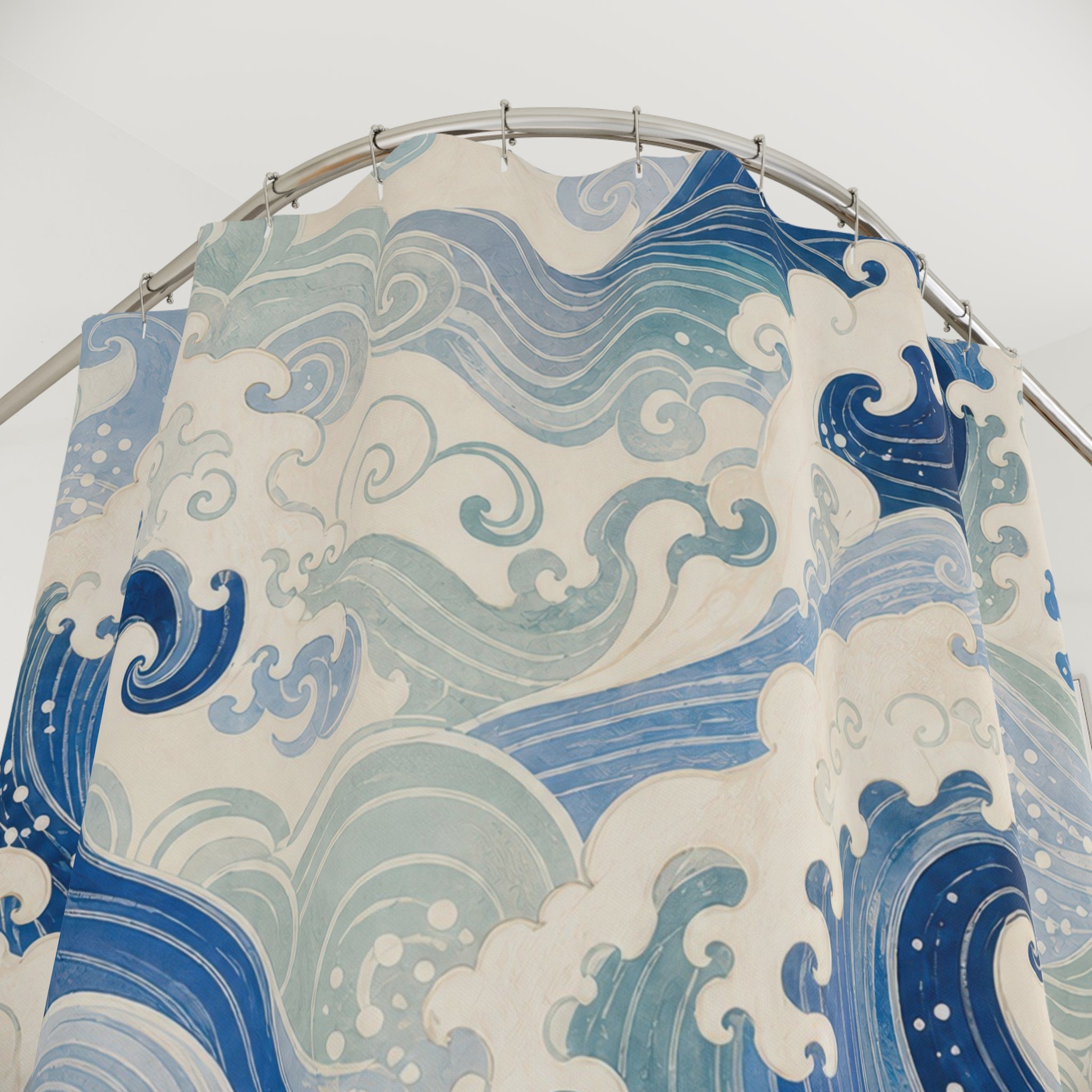 Blue Ocean Wave Japanese Coastal Watercolor Shower Curtain