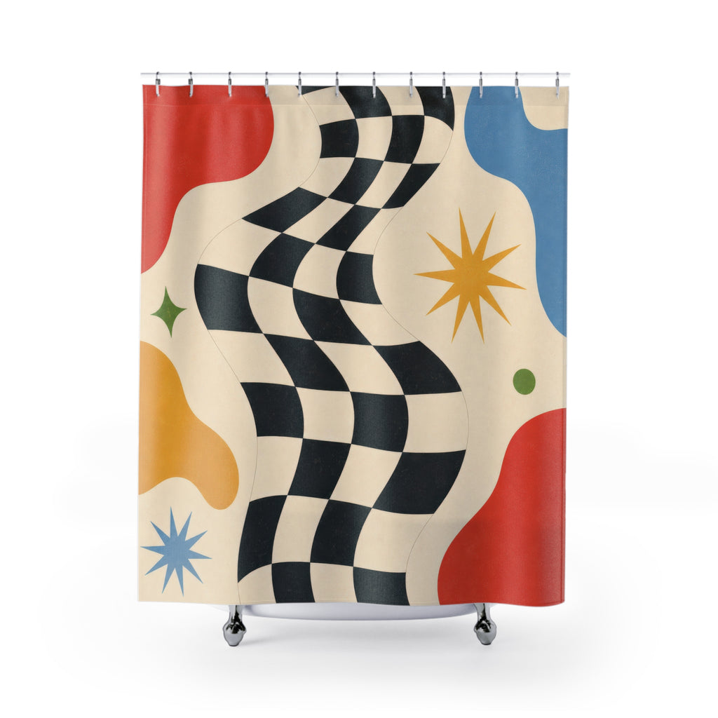 Checkered Star Beige Black Blue Shower Curtain