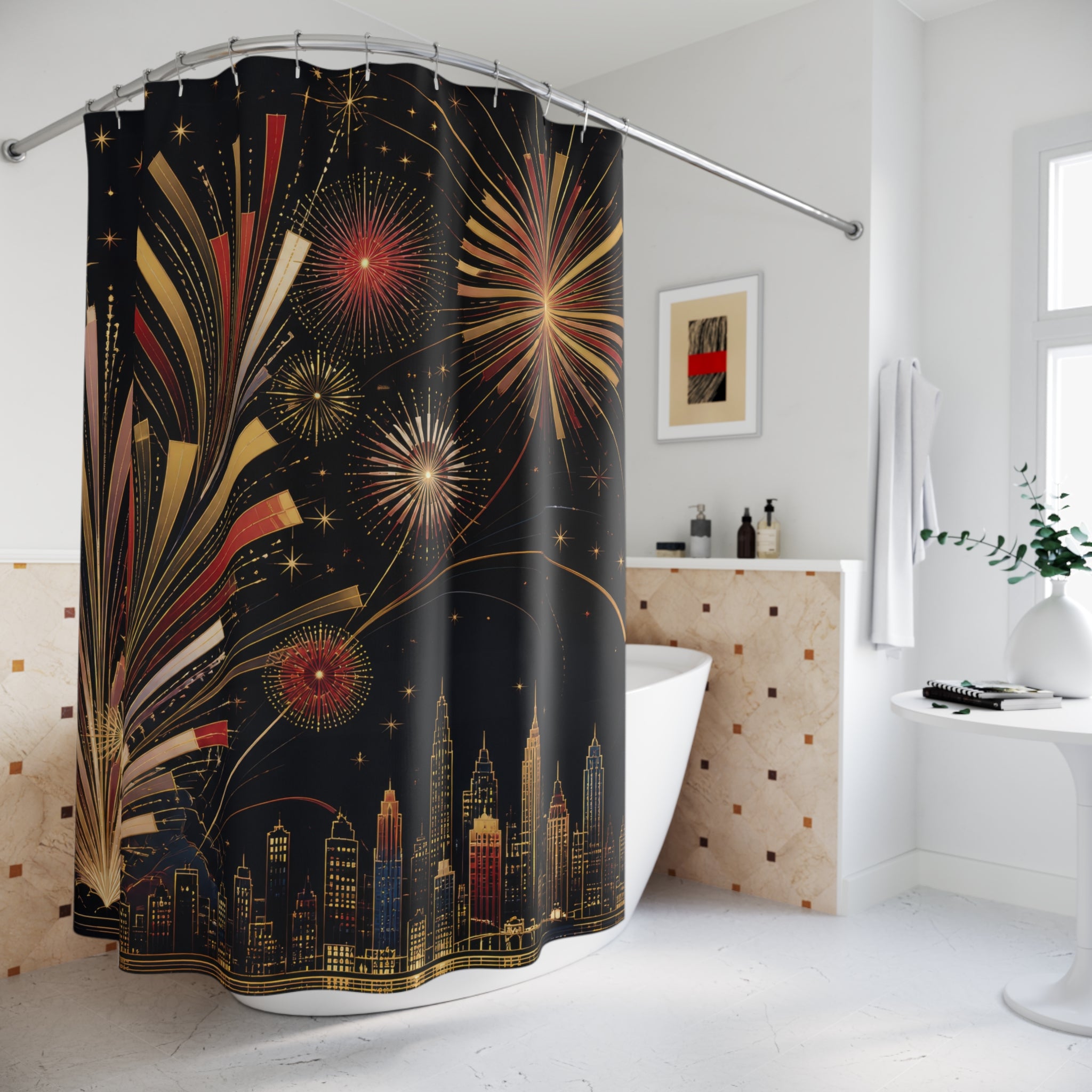 Art Deco New Year Fireworks Shower Curtain