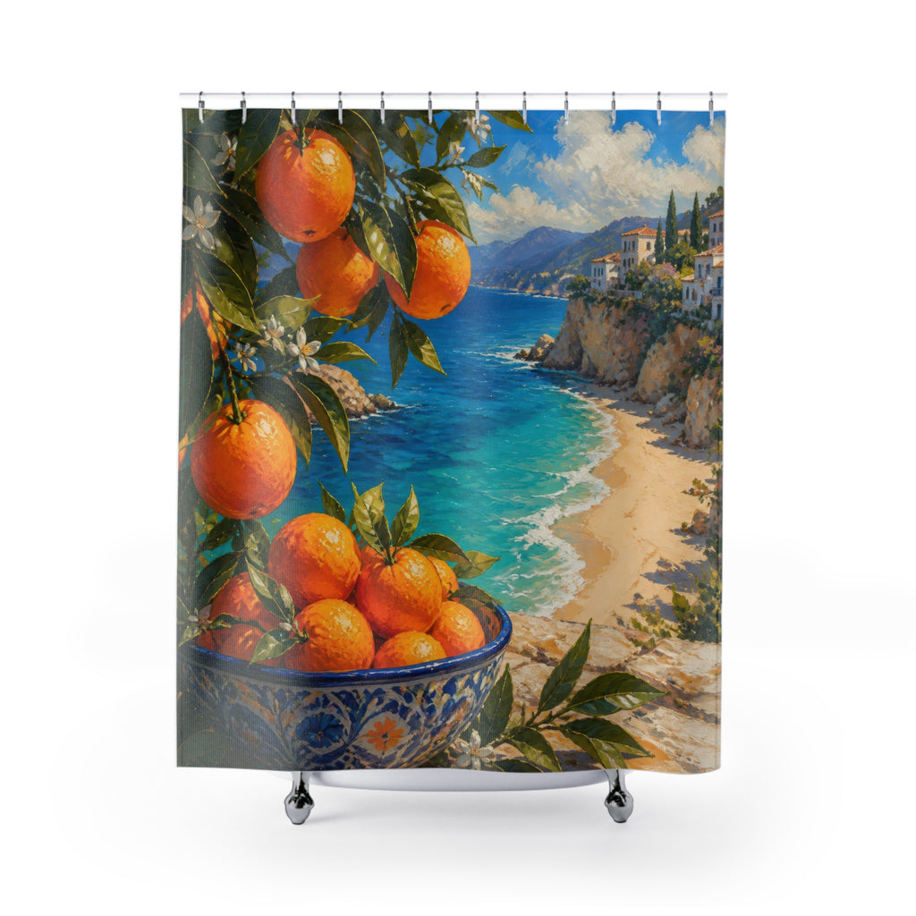 Oranges framing a sunlit Mediterranean beach cove shower curtain, full front view