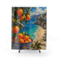 Oranges framing a sunlit Mediterranean beach cove shower curtain, full front view