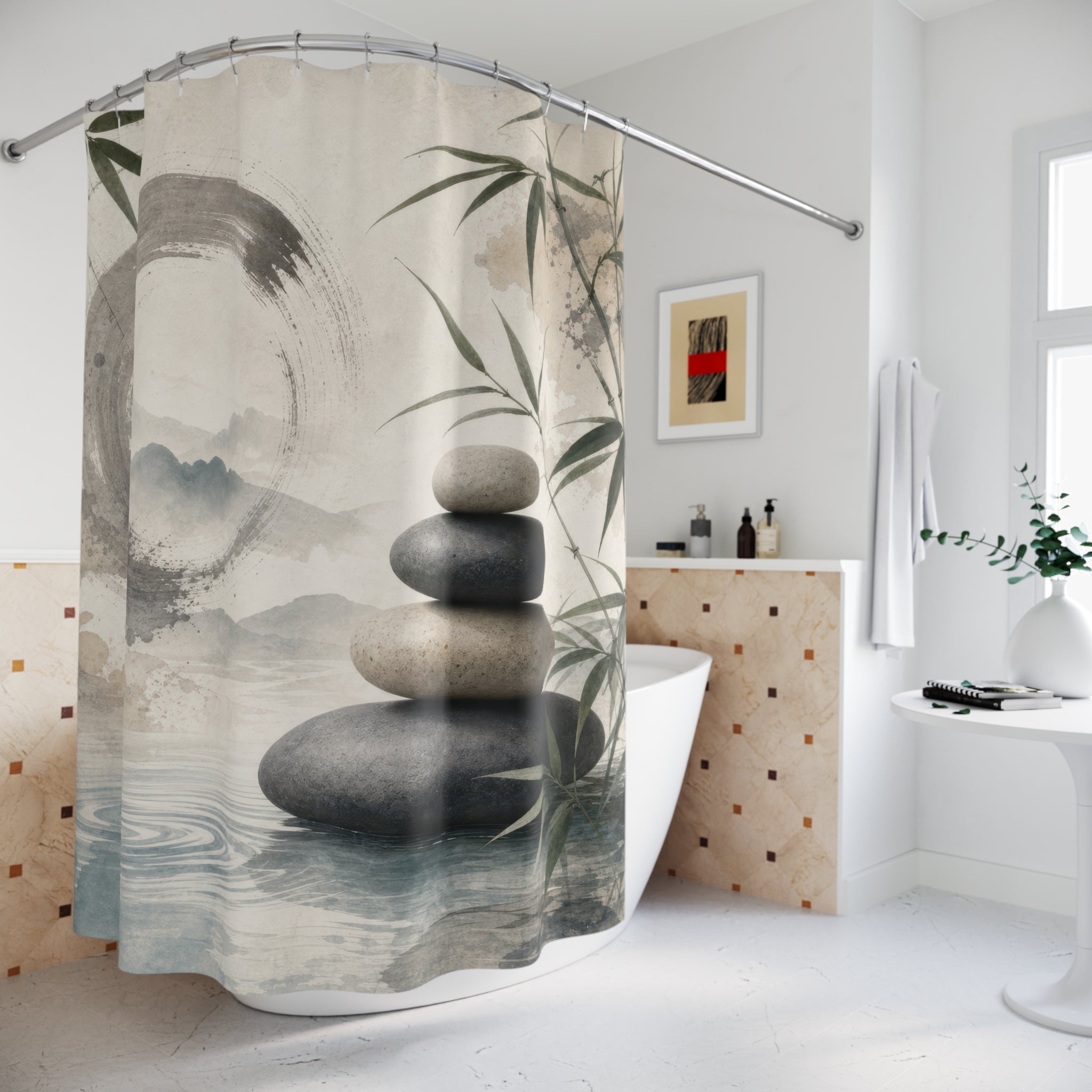 Zen Shower Curtain: Bamboo Stone Ink Wash