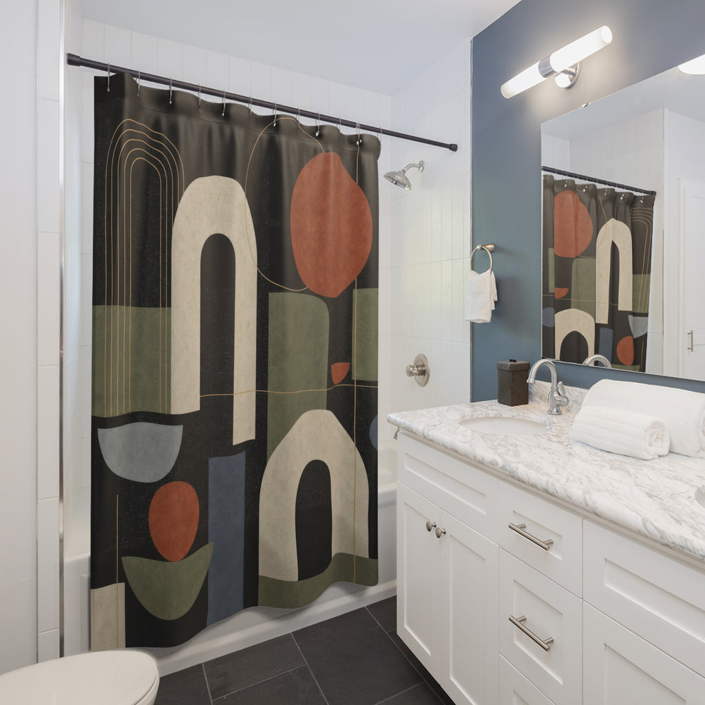 Black Geometric Shower Curtain, Art Deco Arch Pattern, Dark Modern Bath Decor, Olive Blue Terracotta Shapes, Moody Guest Bathroom, Bold