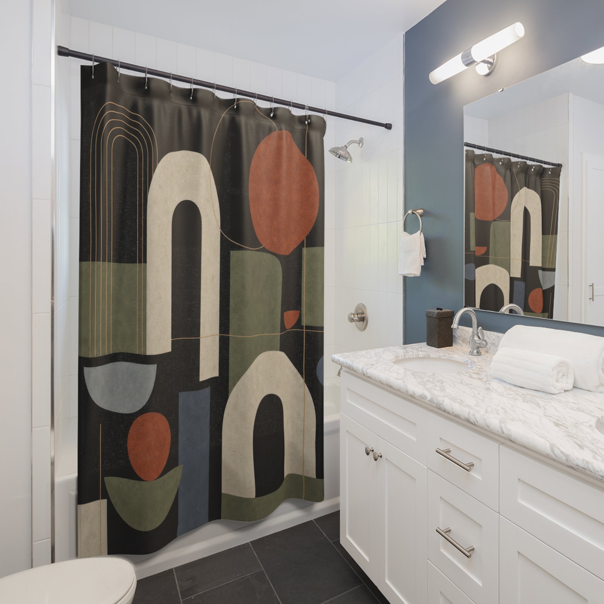 Black Geometric Shower Curtain, Art Deco Arch Pattern, Dark Modern Bath Decor, Olive Blue Terracotta Shapes, Moody Guest Bathroom, Bold