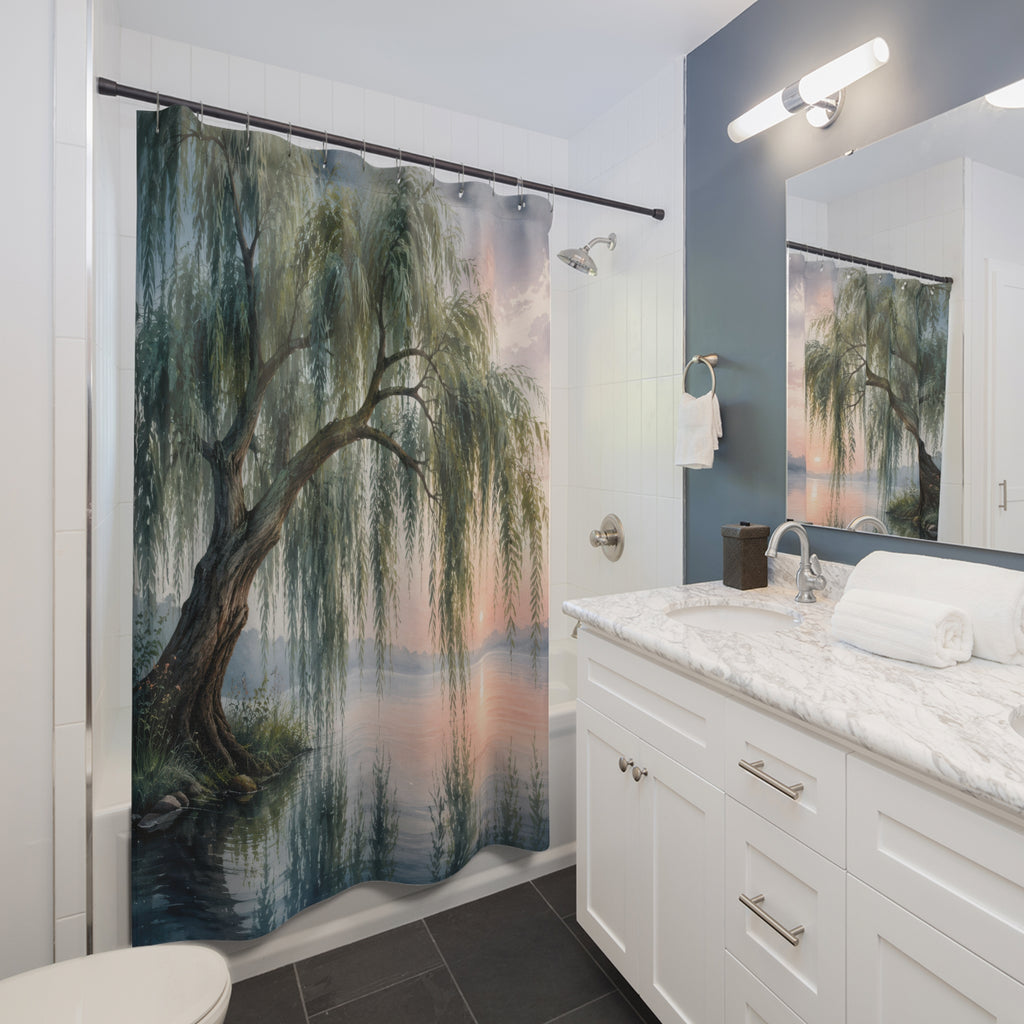 Misty lakeside weeping willow shower curtain beside a white vanity