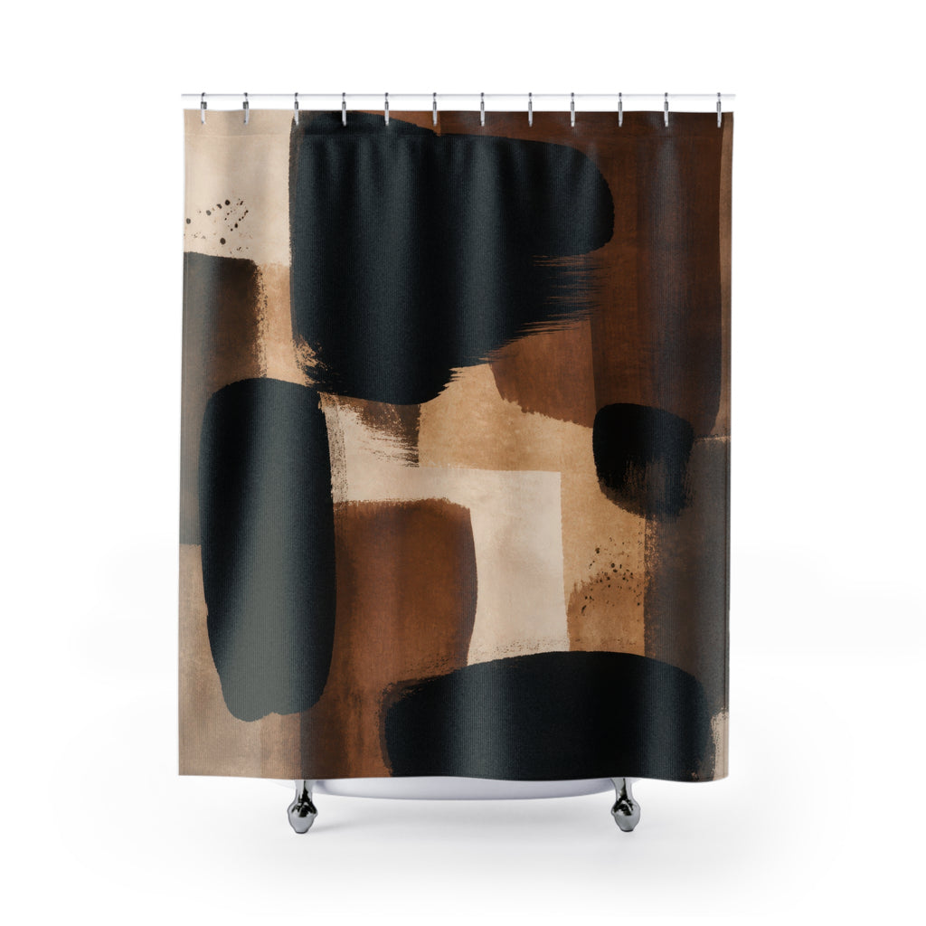Brown Abstract Shower Curtain, Black Cream Modern Bath Decor, Painterly Block Pattern, Modern Warm Neutral Guest Bathroom Decor Style