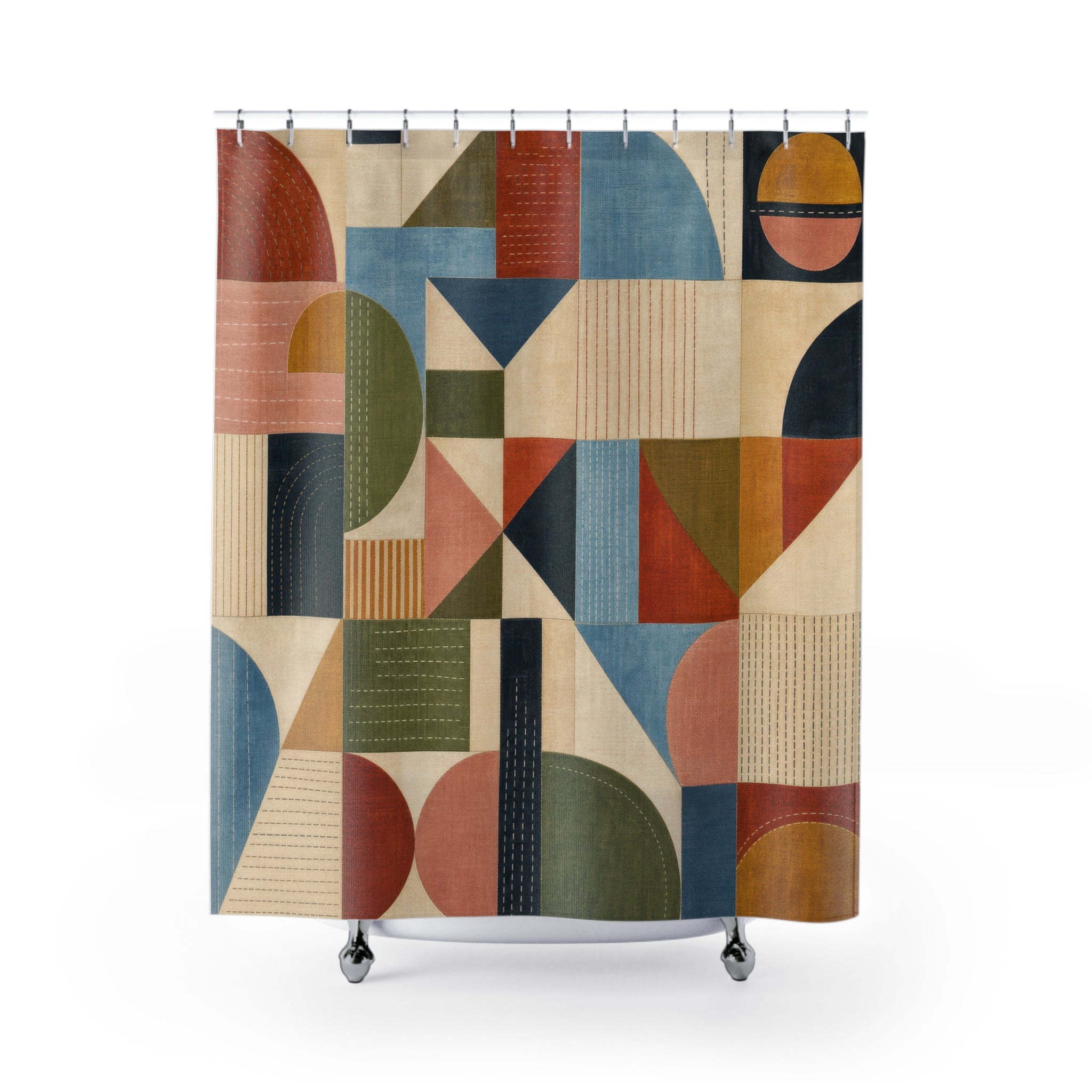 Unique Mid Century Shower Curtain, Modern Geometric Patchwork Art, Rust Teal Mustard Decor, Abstract Guest Bath, Retro Apartment Style