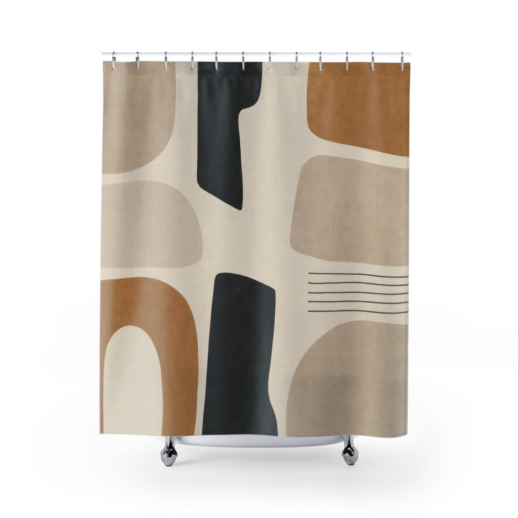 Abstract Shower Curtain, Black Beige Cutout Pattern, Neutral Modern Bathroom Decor, Ochre Taupe Guest Bath Geometric Style