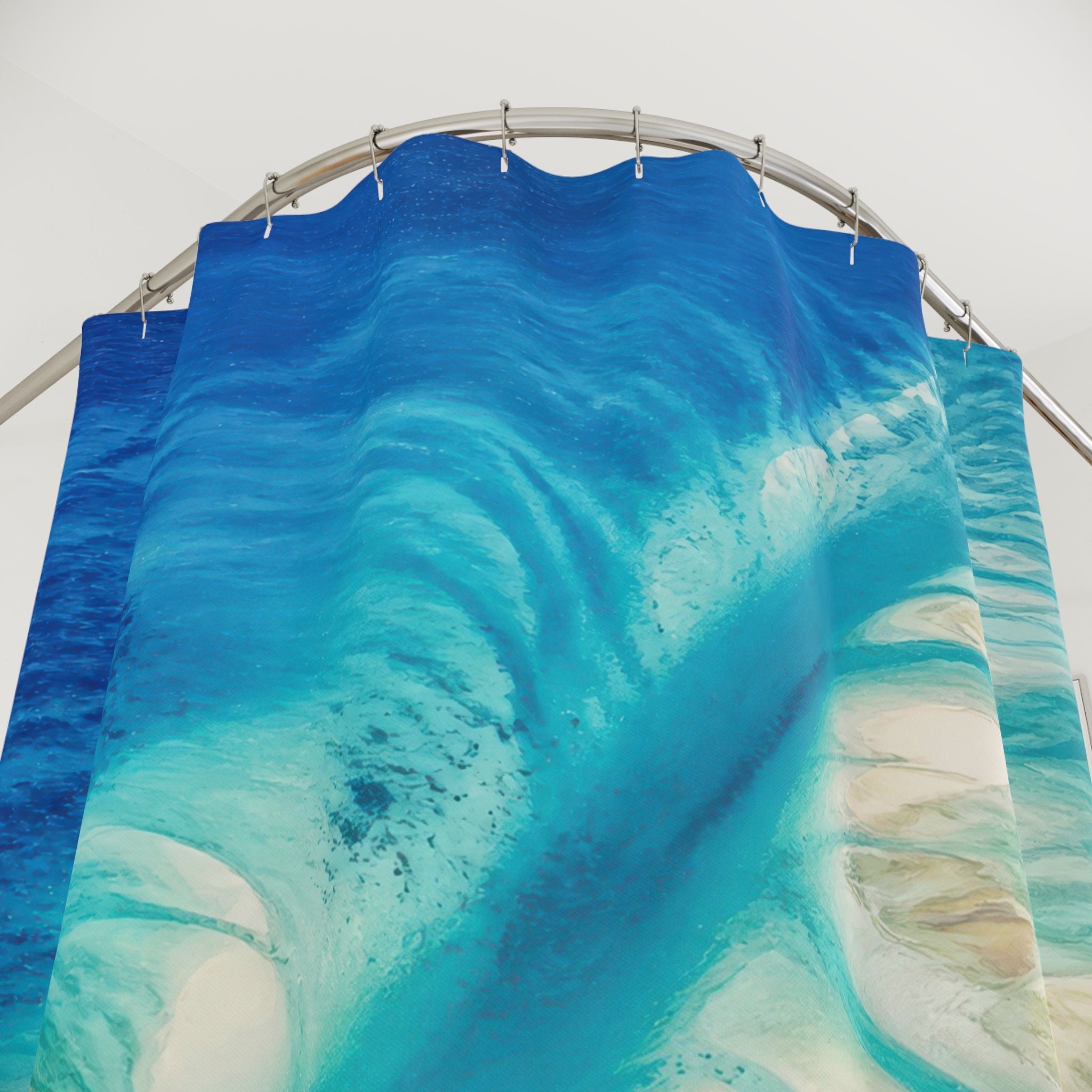 Aerial turquoise ocean channels over ivory sandbars shower curtain with close-up print, hooks, and folds