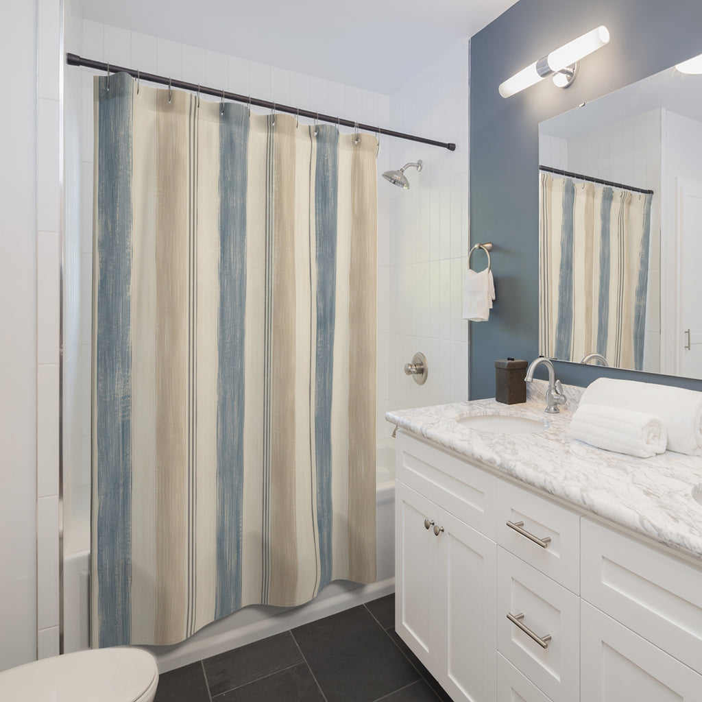 Dusty Blue Beige Vertical Stripe Shower Curtain
