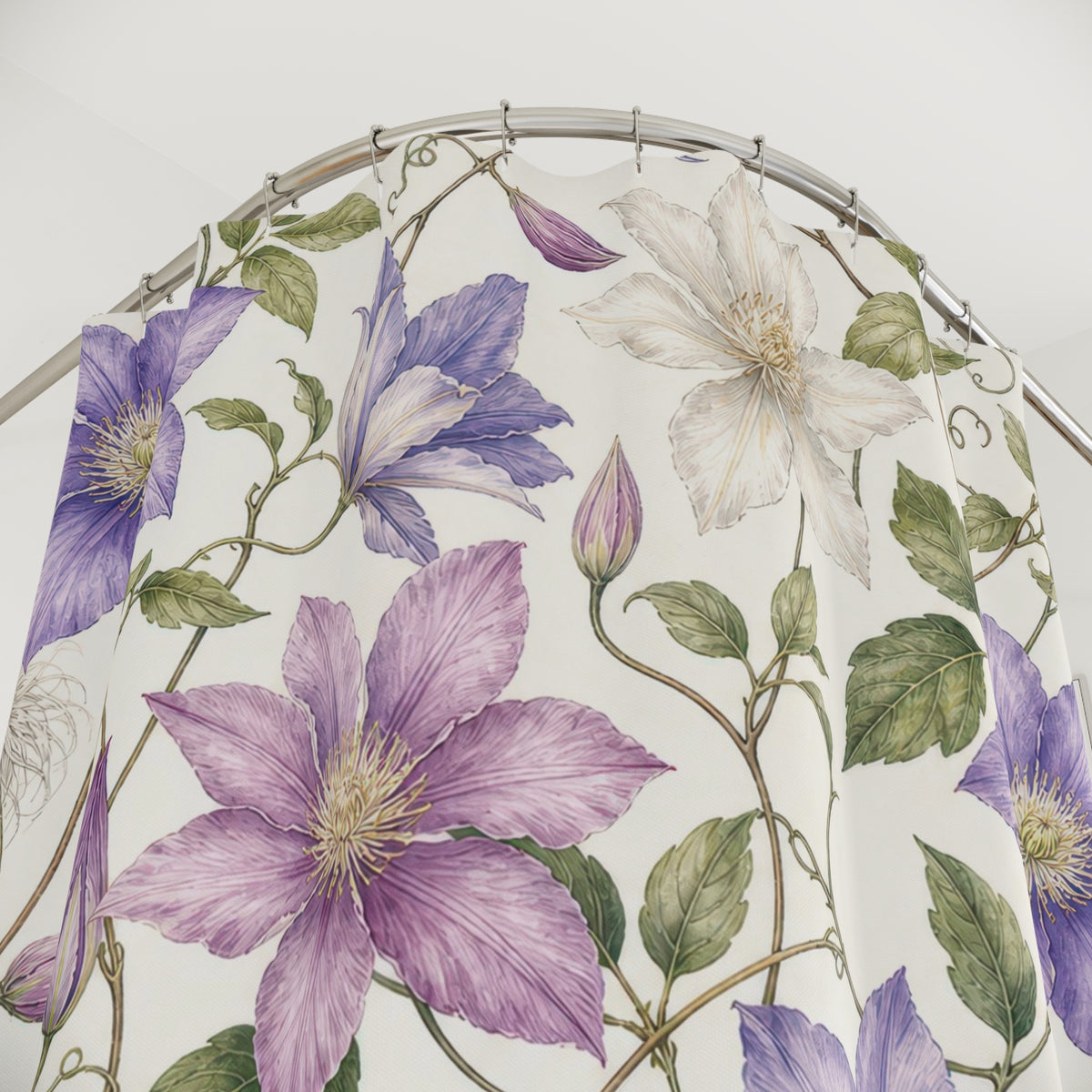 Clematis Vine Botanical purple floral shower curtain with close-up print, hooks, and folds