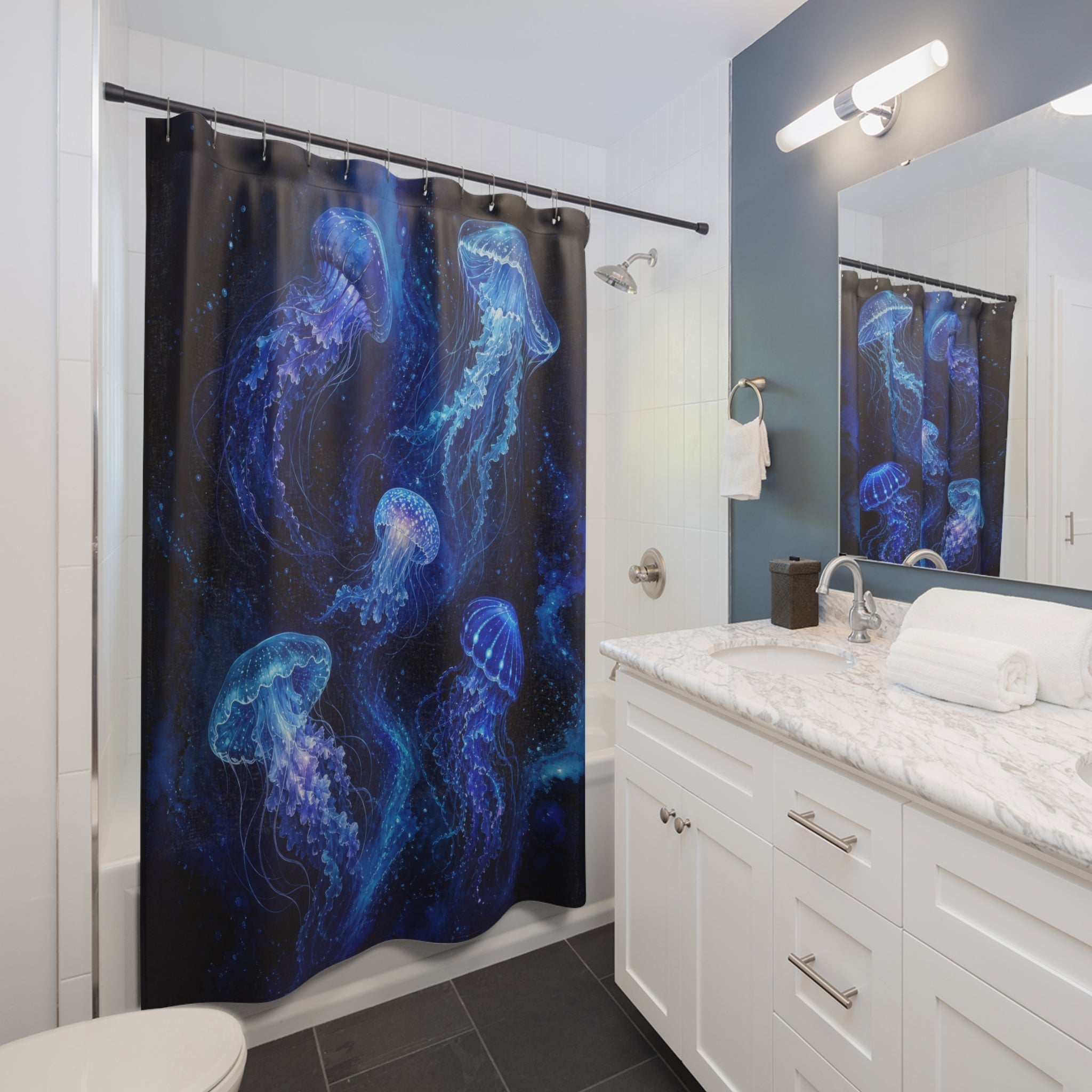 Glowing Jellyfish Dark Blue Shower Curtain