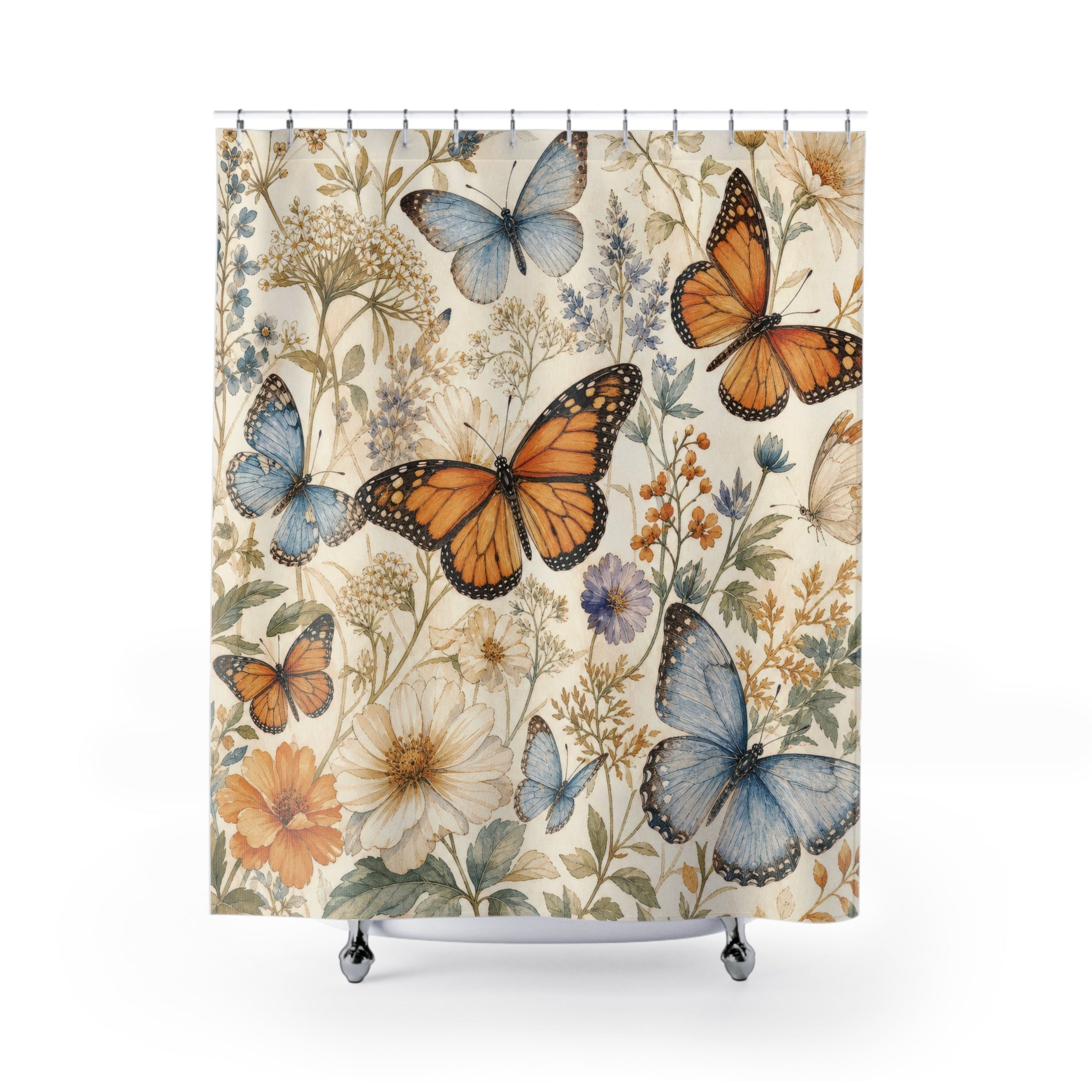 Butterfly Shower Curtain: Blue Orange Floral Garden Pattern