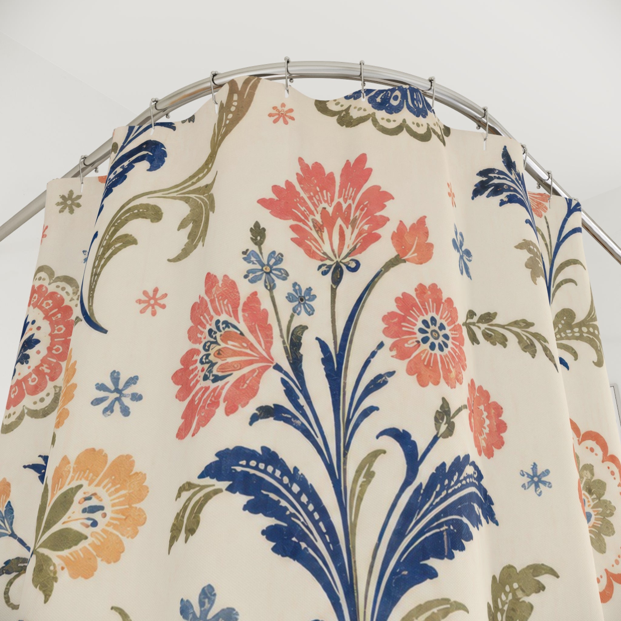 Indigo Coral Block Print Floral Shower Curtain
