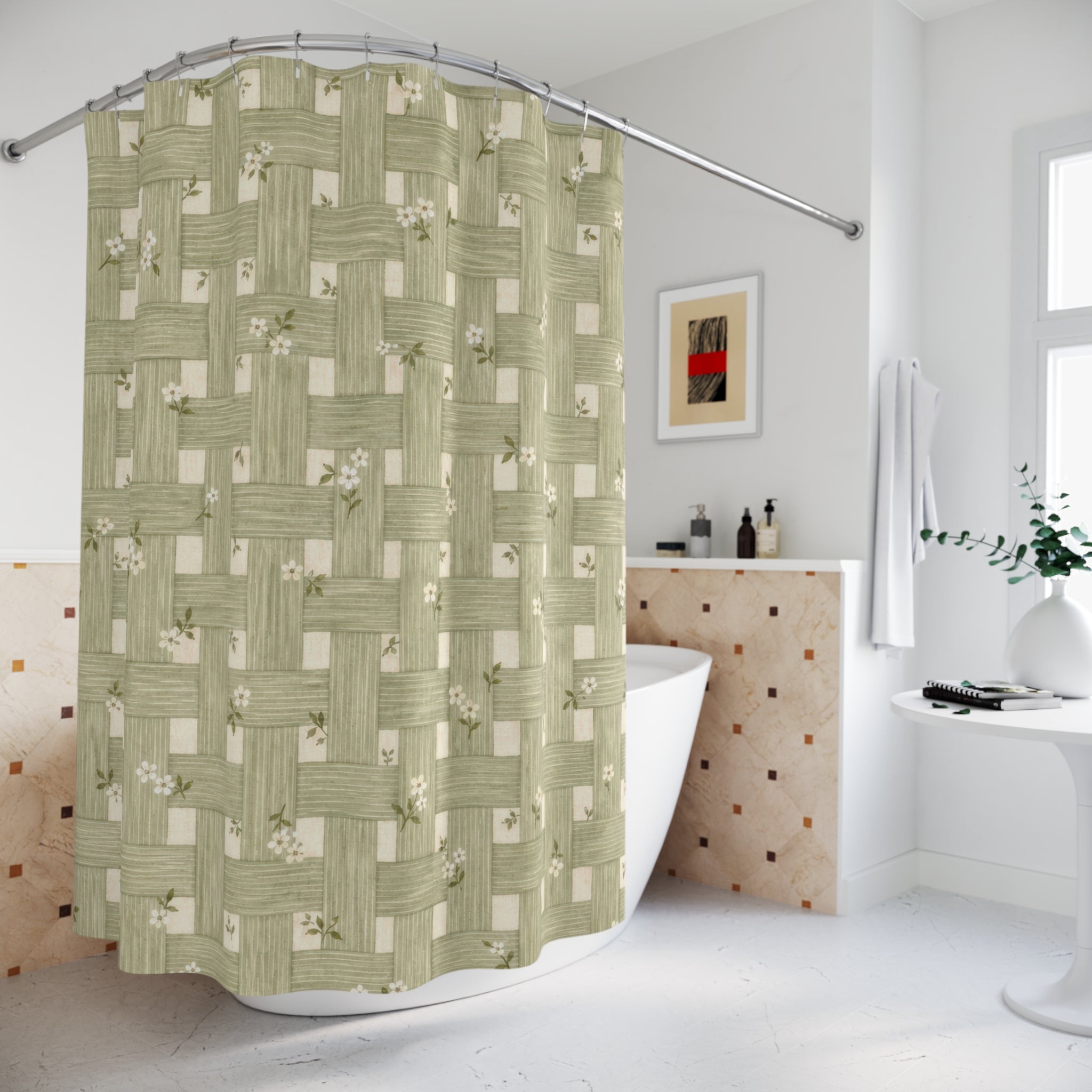 Sage Green Basketweave Look Floral Shower Curtain