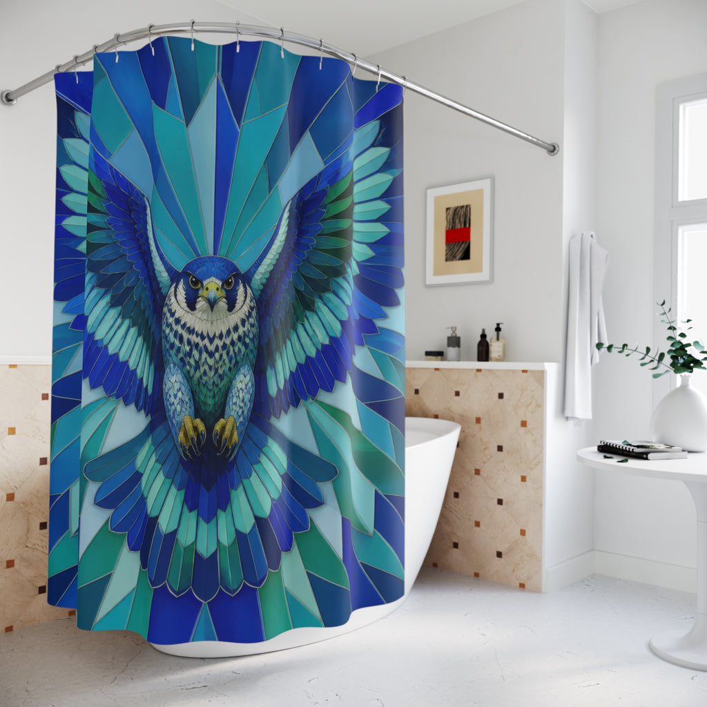 Frontal falcon with cobalt teal and emerald prismatic wings shower curtain styled beside a freestanding tub