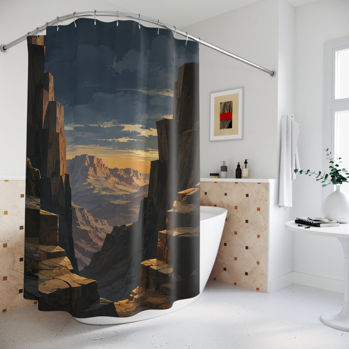 Charcoal desert canyon framing an amber sunset shower curtain beside a freestanding tub