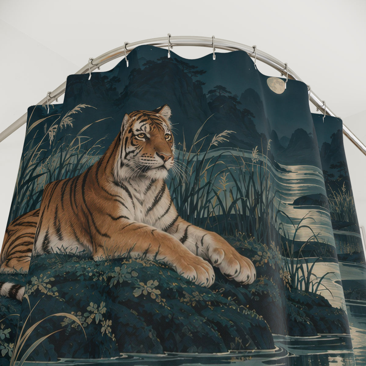 Copper tiger and cub beside silver water in a teal marsh shower curtain with close-up print, hooks, and folds