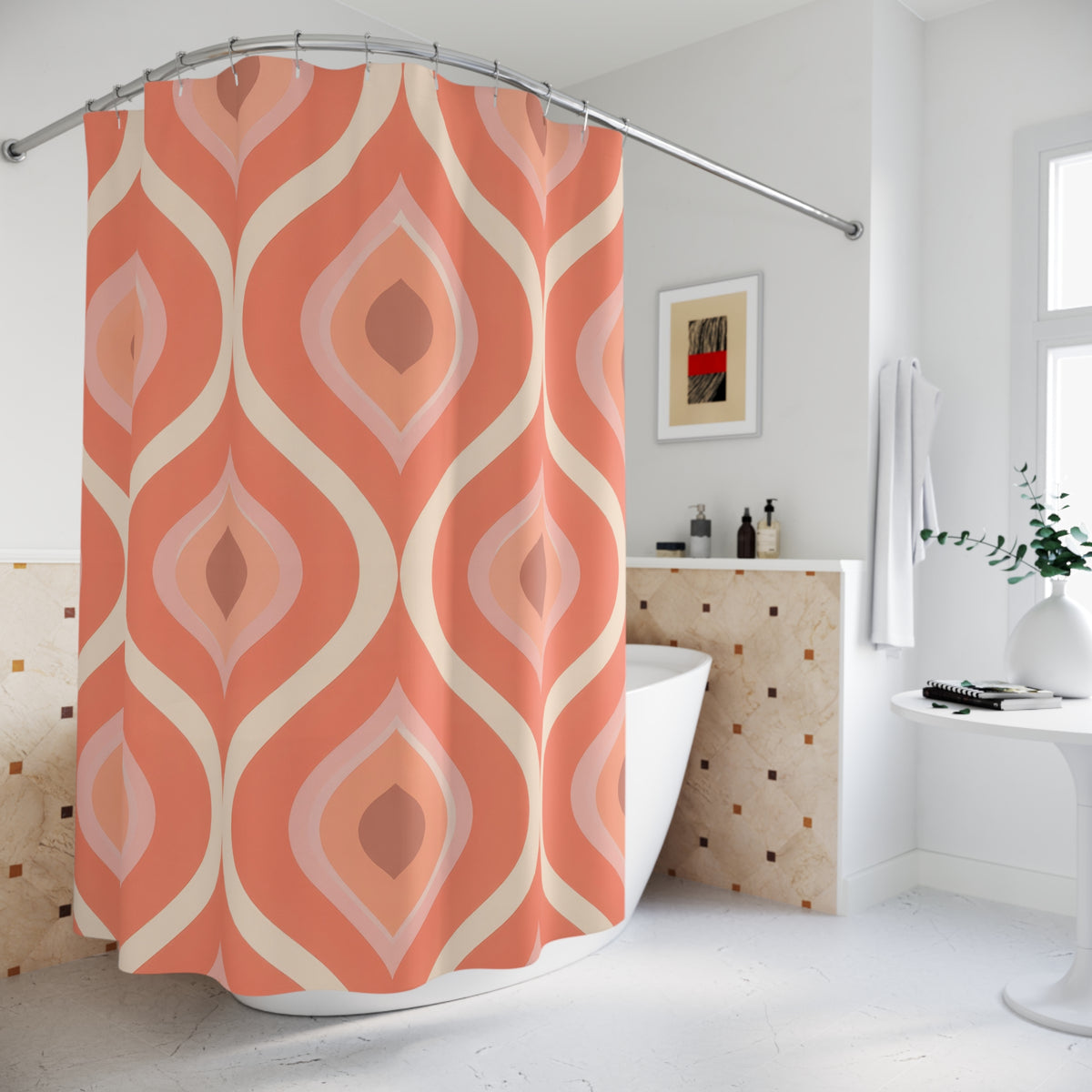 Nested coral and cream lozenges in a retro repeat shower curtain beside a freestanding tub