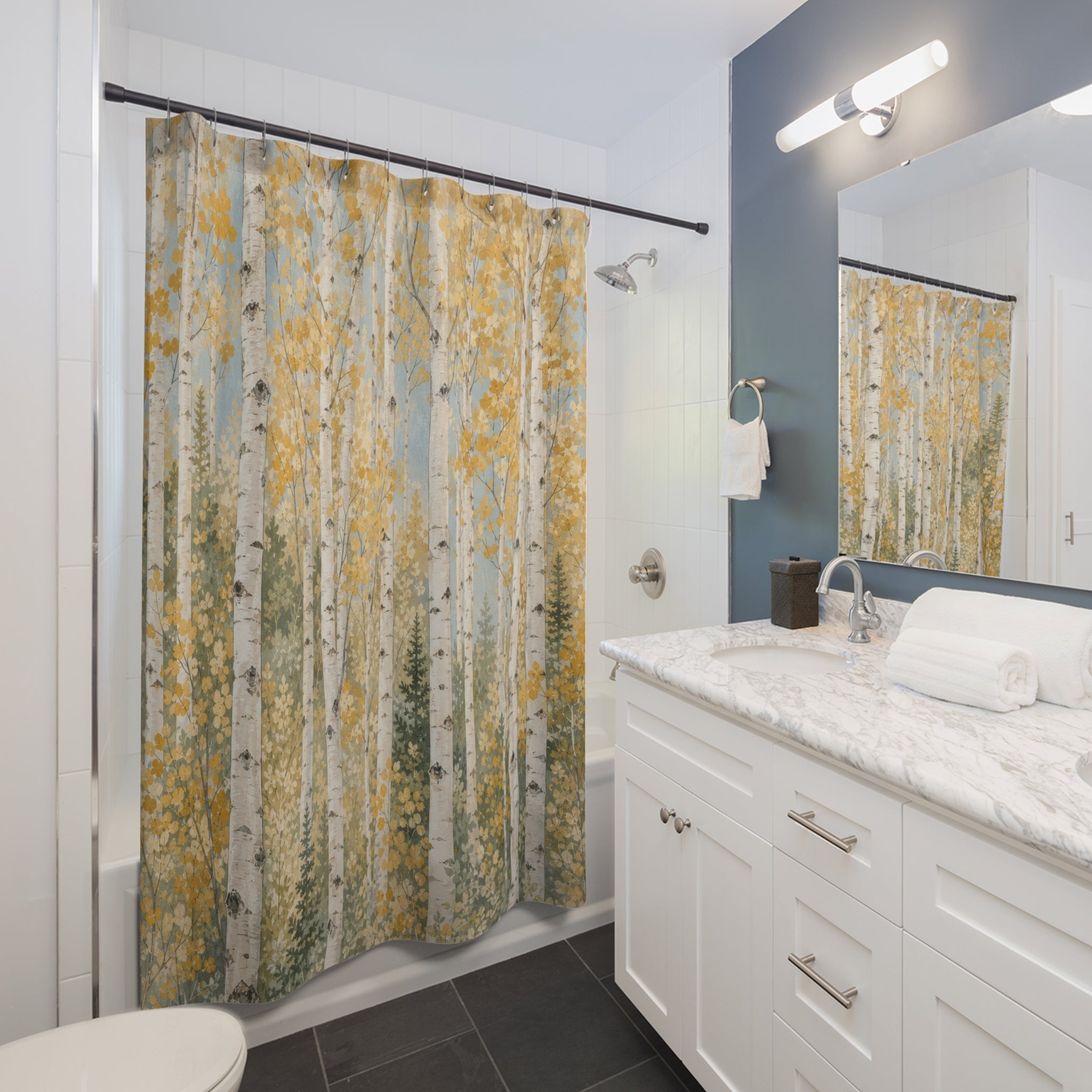 Aspen Tree Shower Curtain, Green White Forest Bath Decor, Golden Leaf Grove Pattern, Airy Nature Inspired Guest Bathroom Cabin Decor
